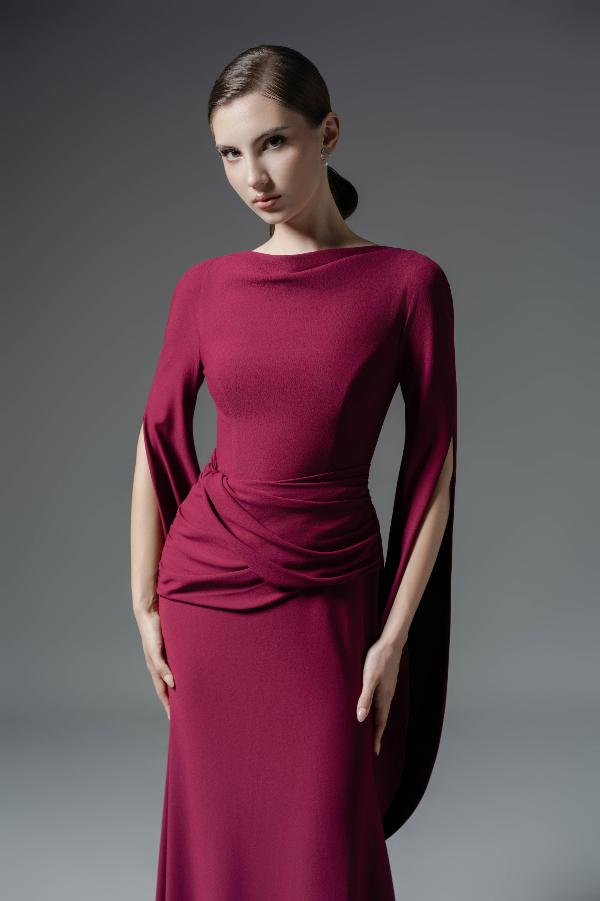 Moonlit Gaze Dress - Claret Mermaid Midi with Slit Sleeves XS