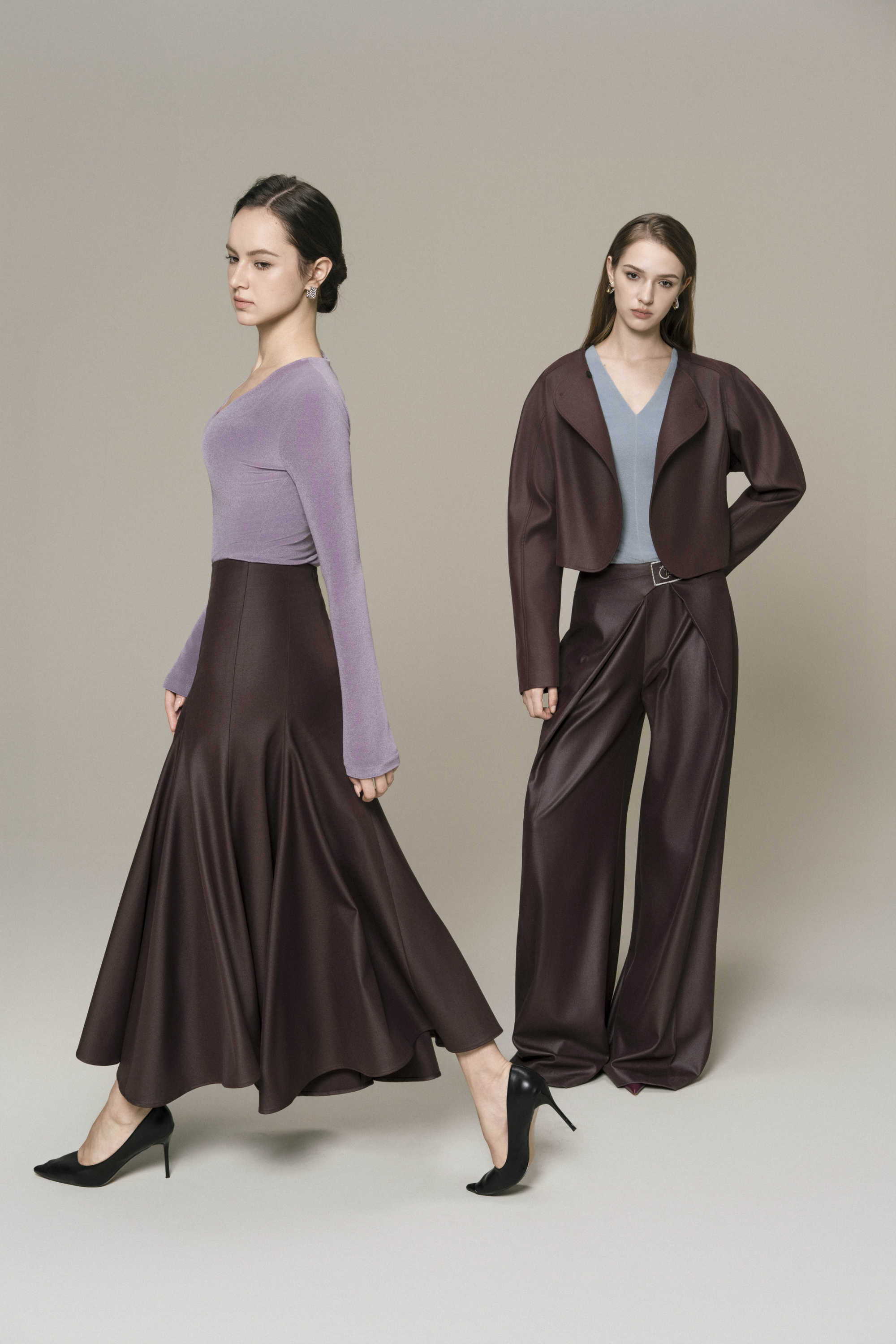 Double Knit Crepe Top in Lavender & Halo Fishtail Skirt in Chicory Coffee