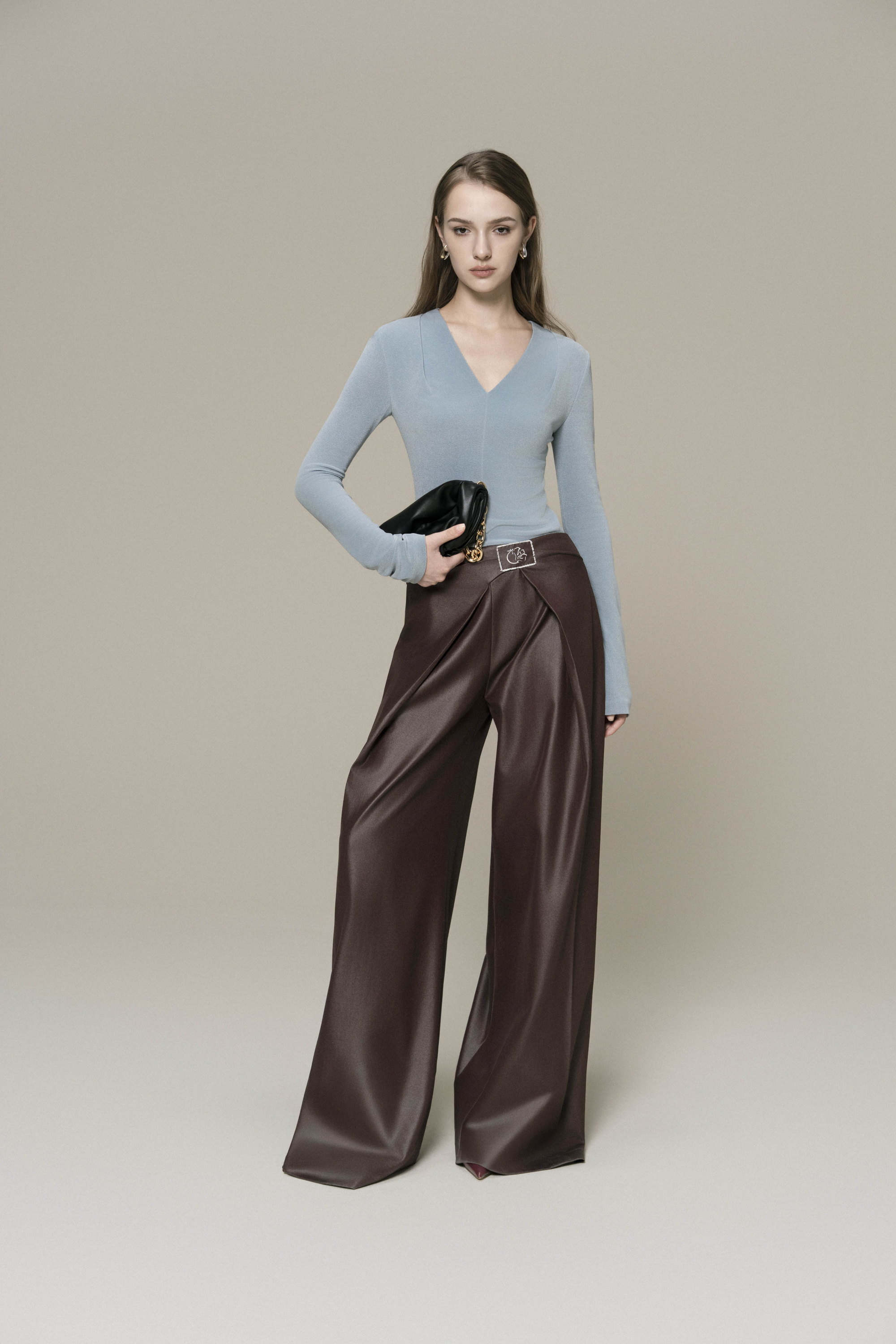 Double Knit Crepe Top in Sky Blue & Bordeaux Flow Trousers