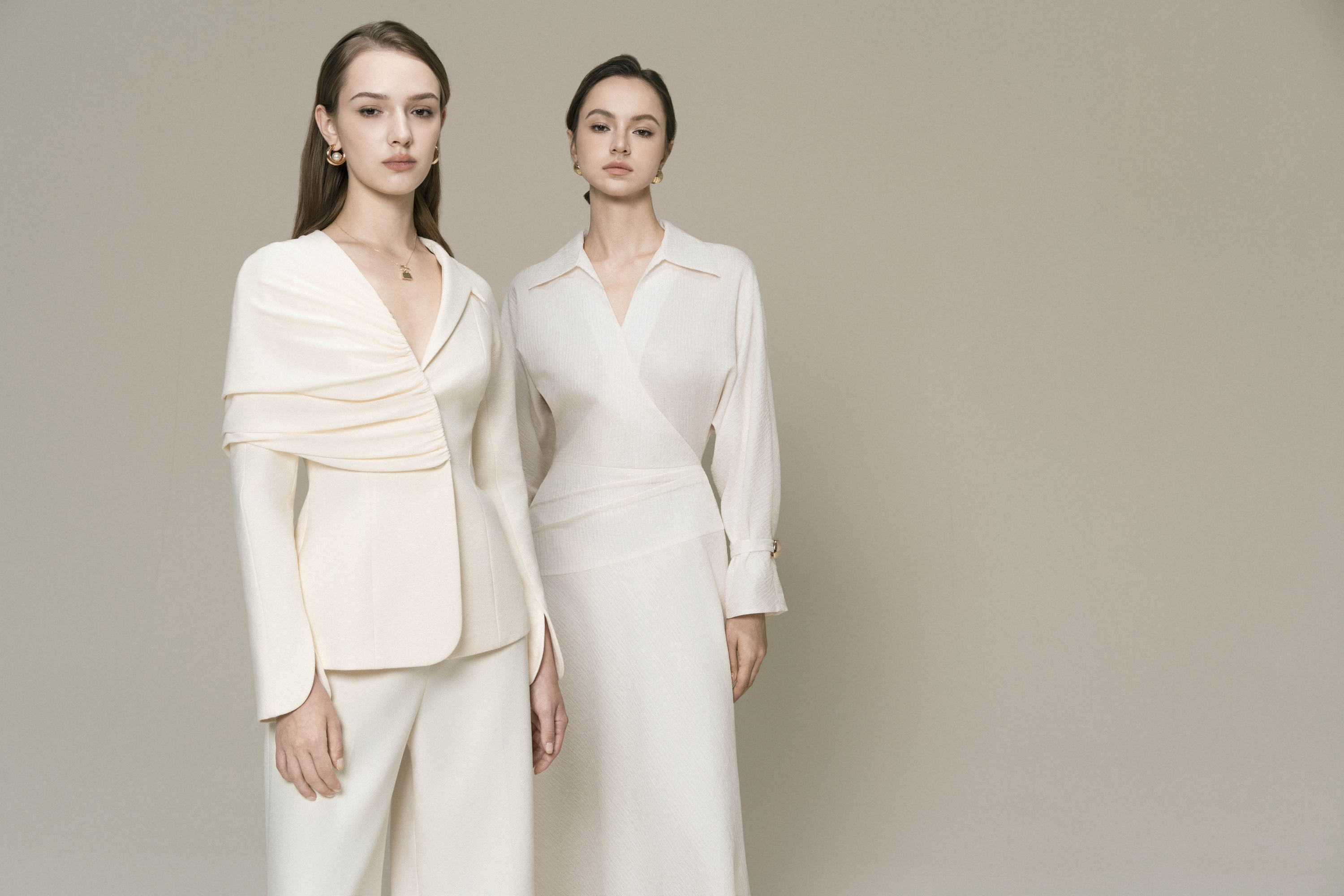 V-neck Draped Suit Cream Wide Leg Trousers