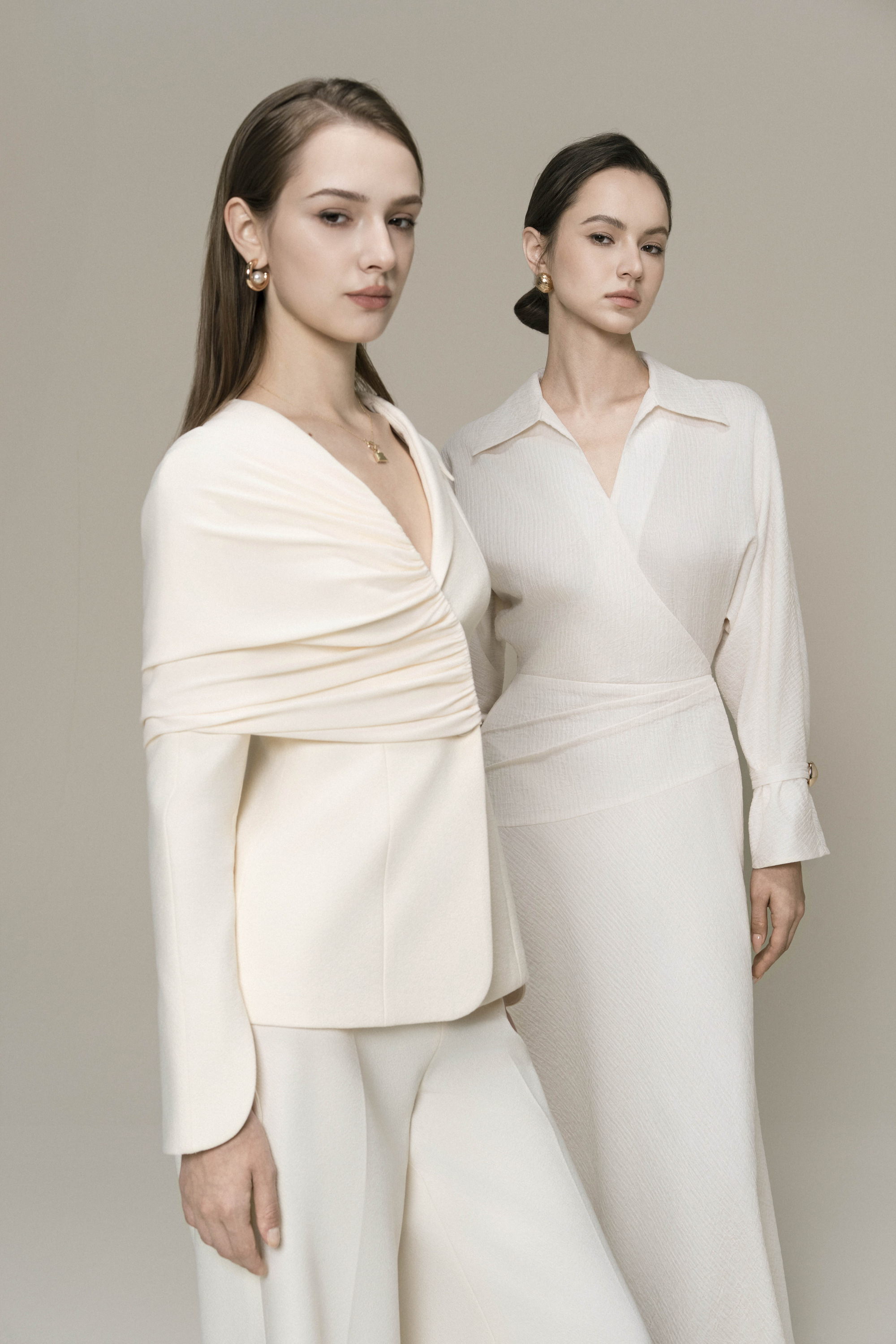 V-neck Draped Suit Cream Wide Leg Trousers