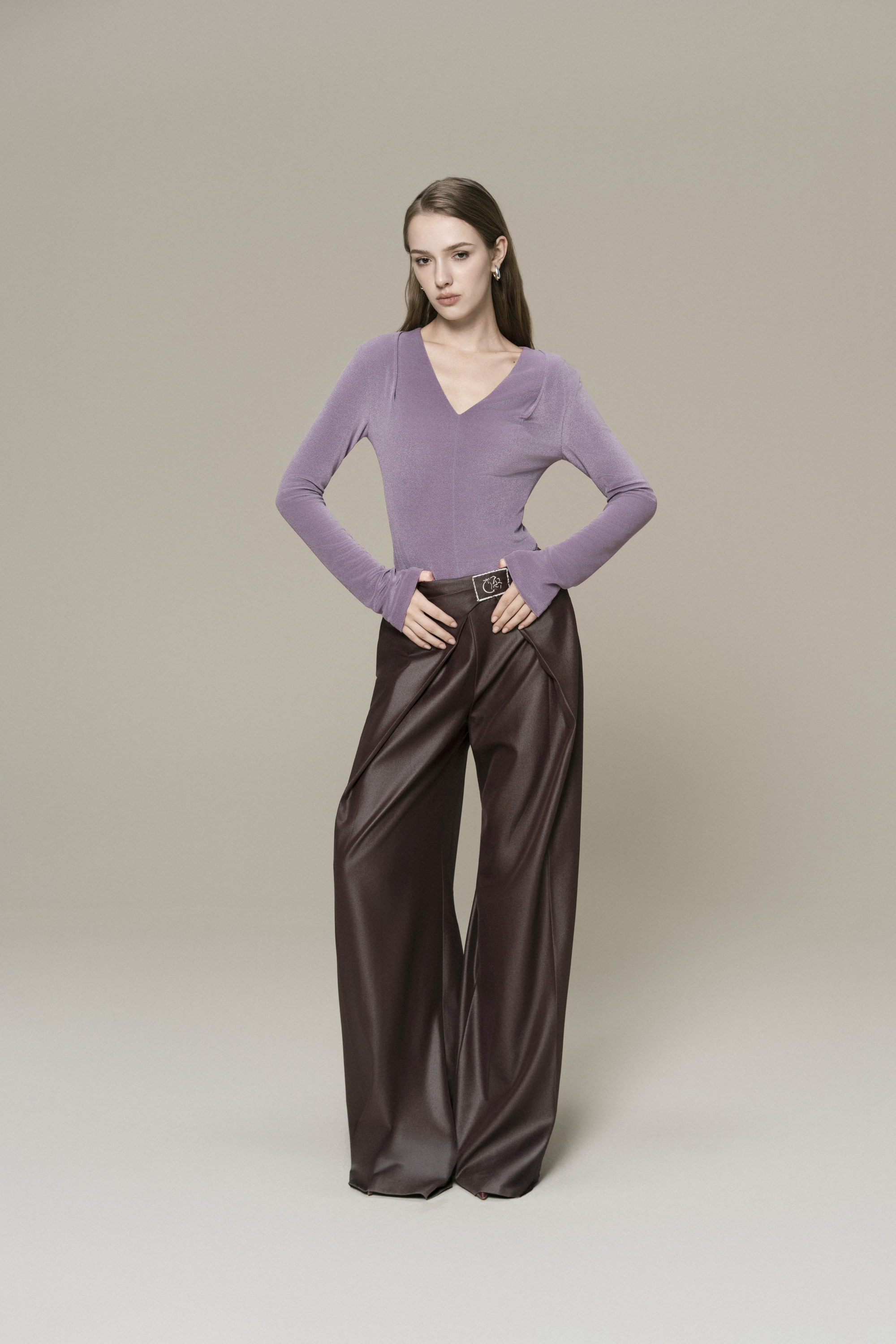 Double Knit Crepe Top in Lavender & Bordeaux Flow Trousers