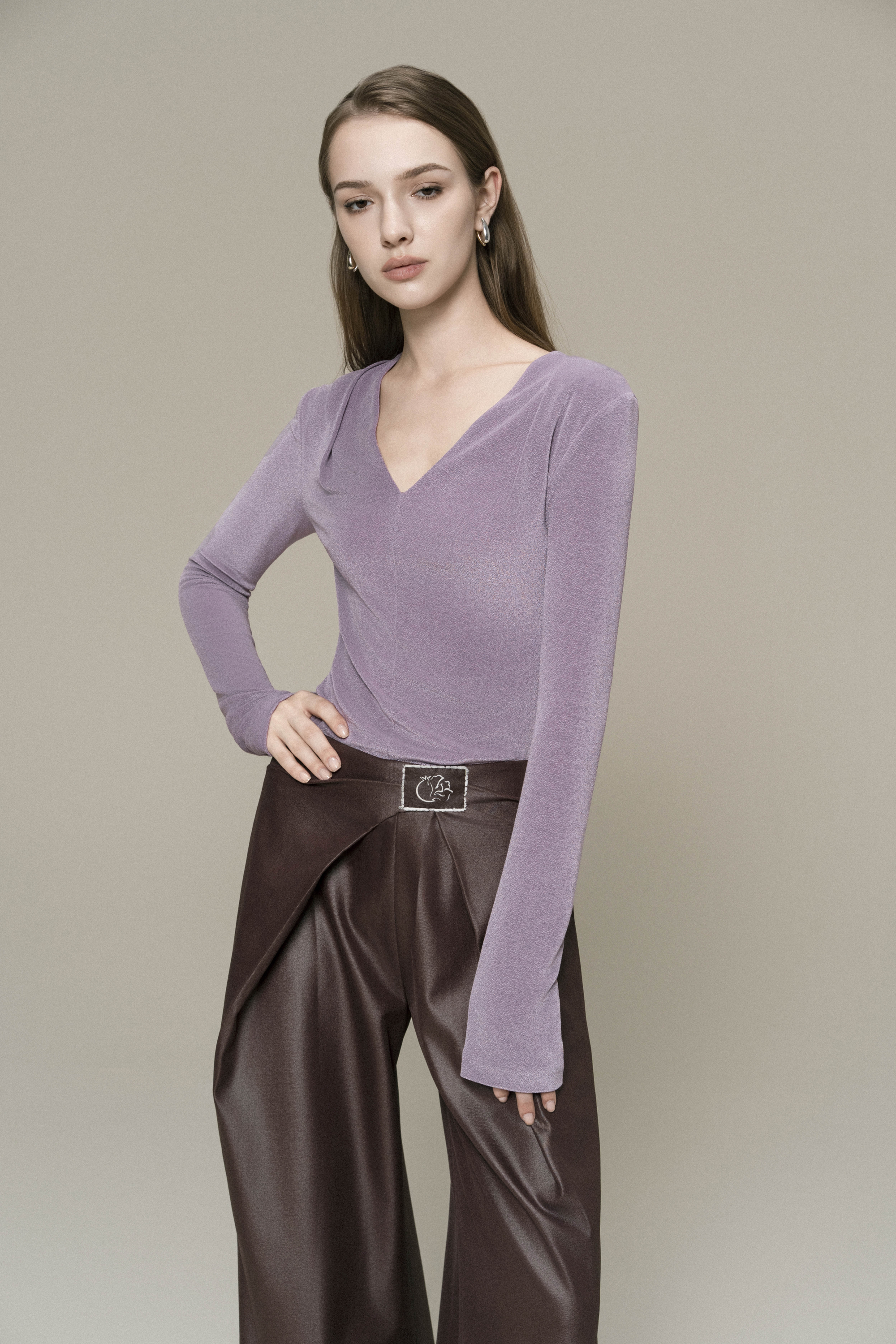 Double Knit Crepe Top in Lavender & Bordeaux Flow Trousers