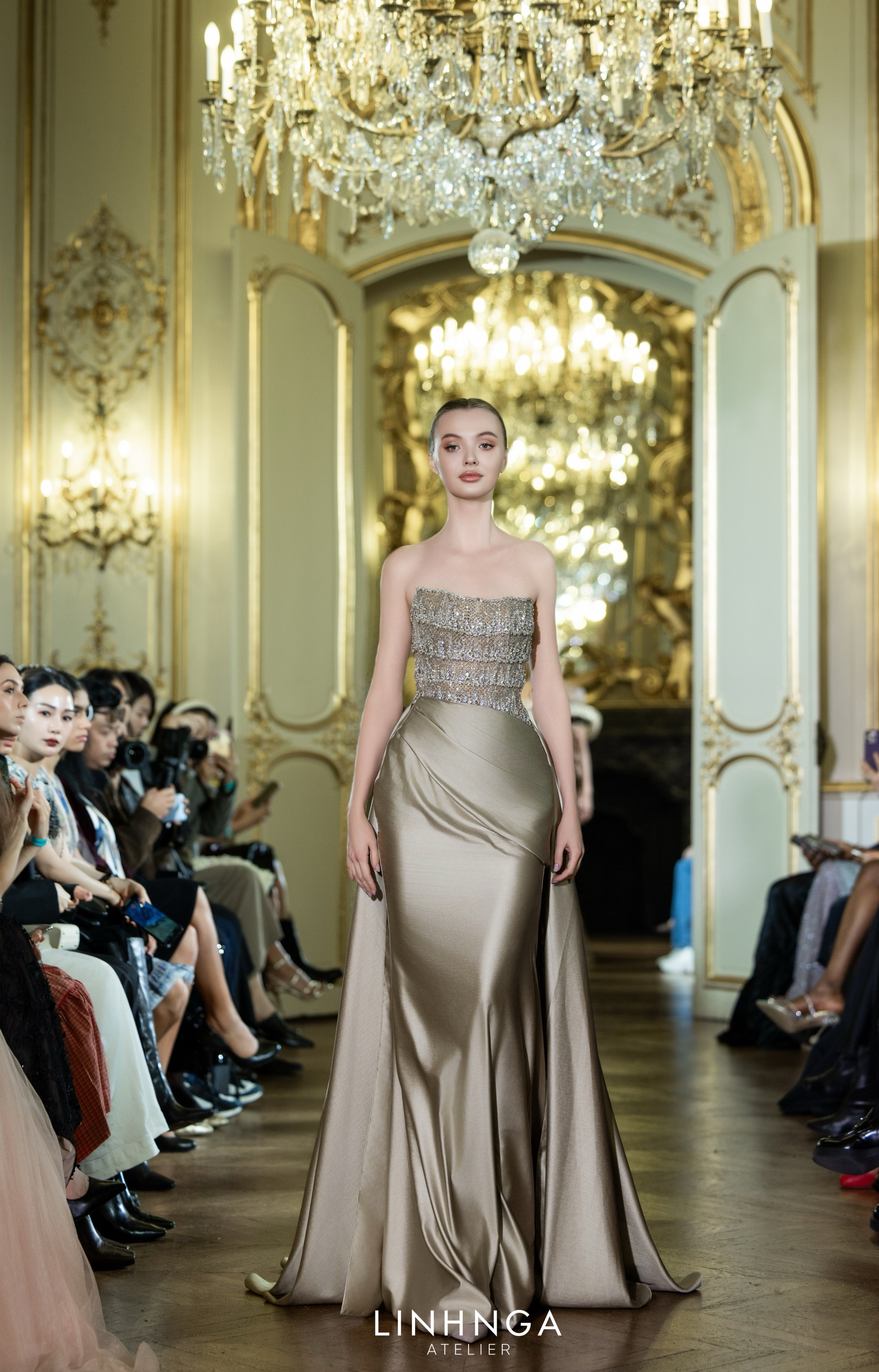 LMBCT290 – Strapless Beaded Bodice with Satin Train Gown