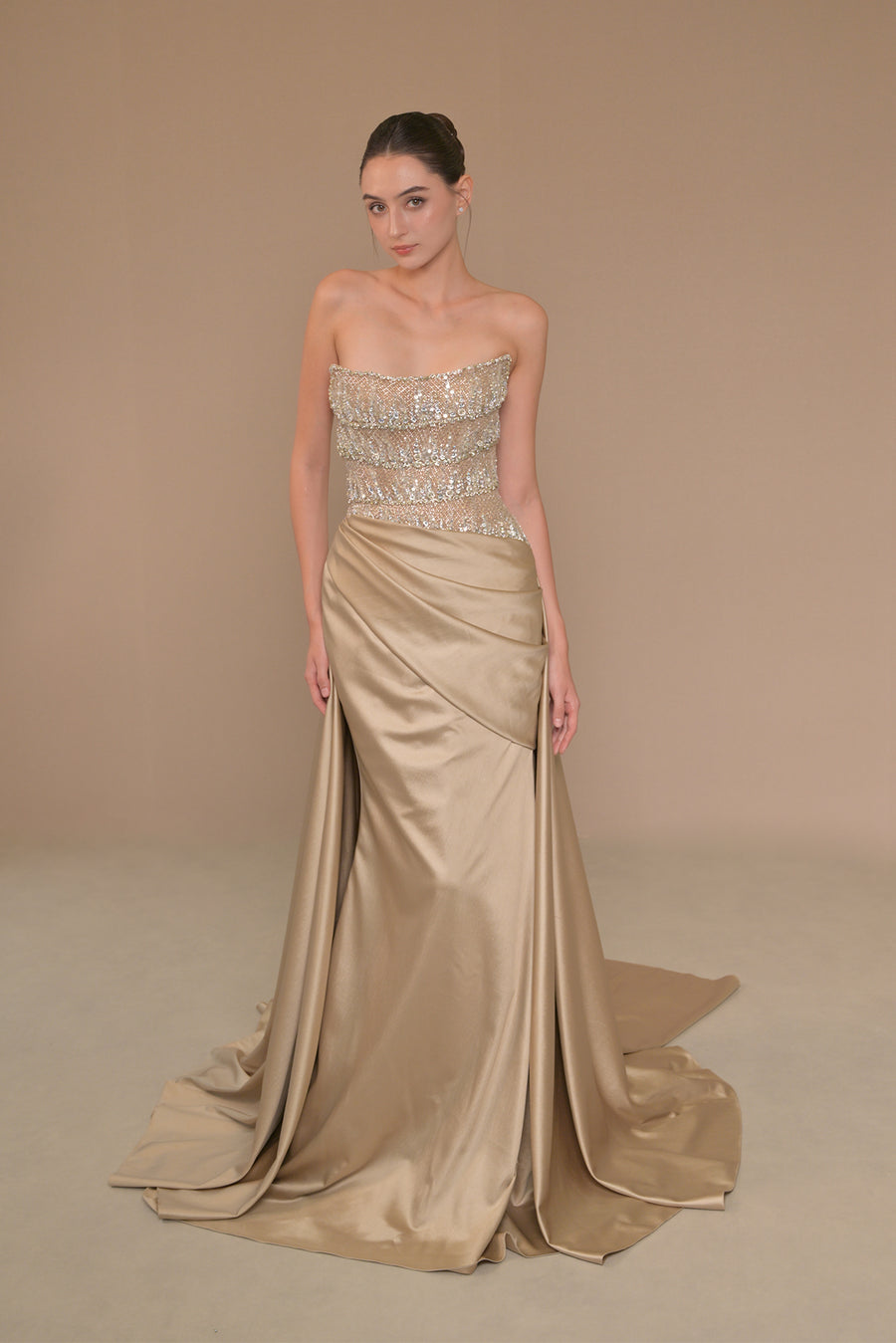 LMBCT290 – Strapless Beaded Bodice with Satin Train Gown
