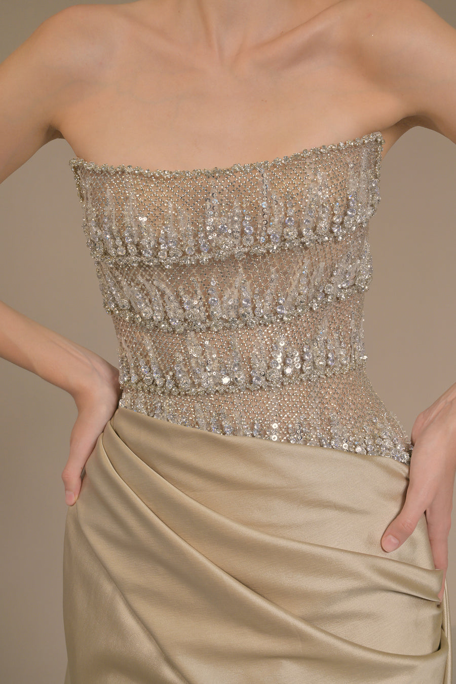 LMBCT290 – Strapless Beaded Bodice with Satin Train Gown