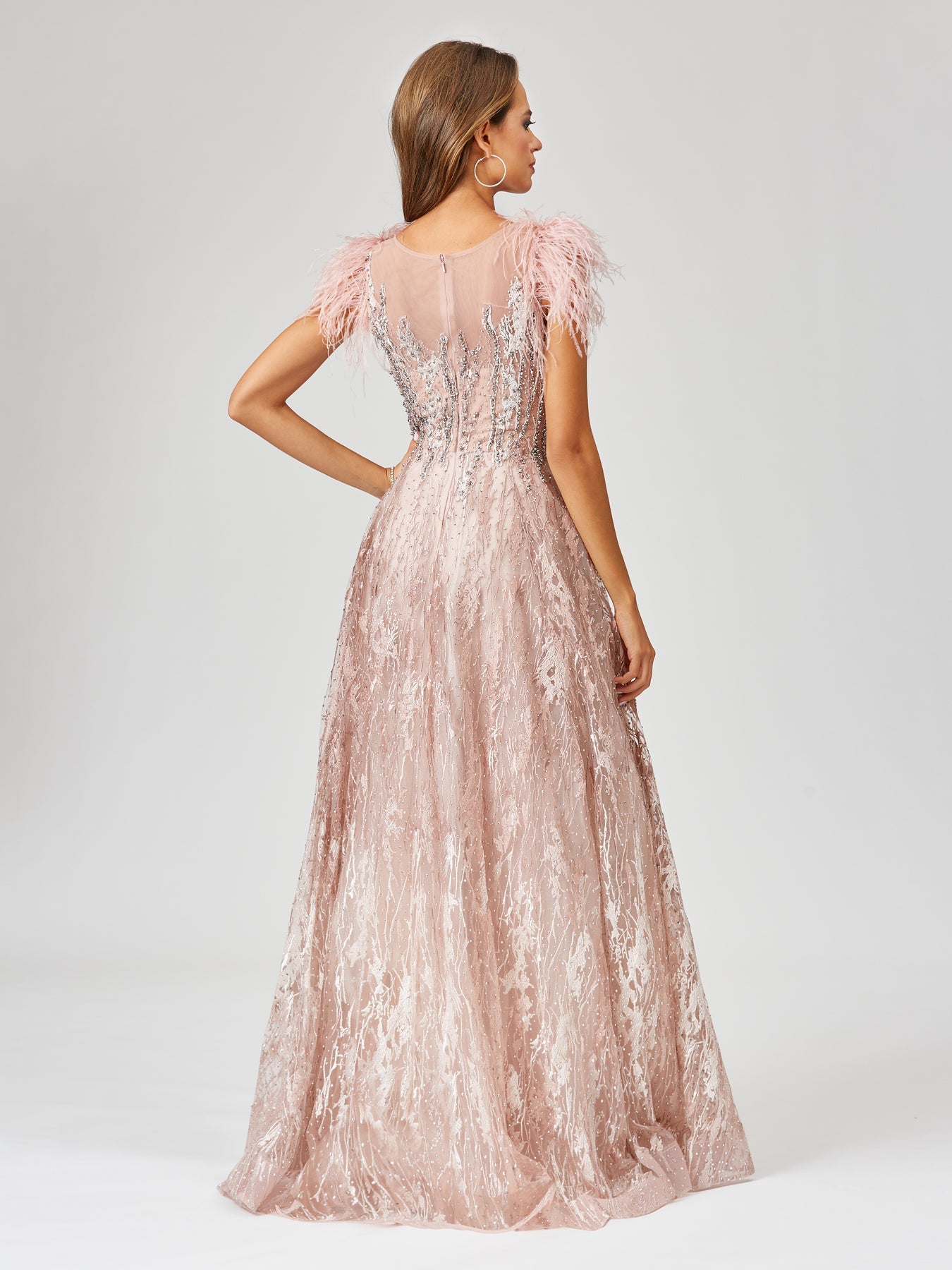 Lace Ballgown with Feather Cap Sleeves 29475