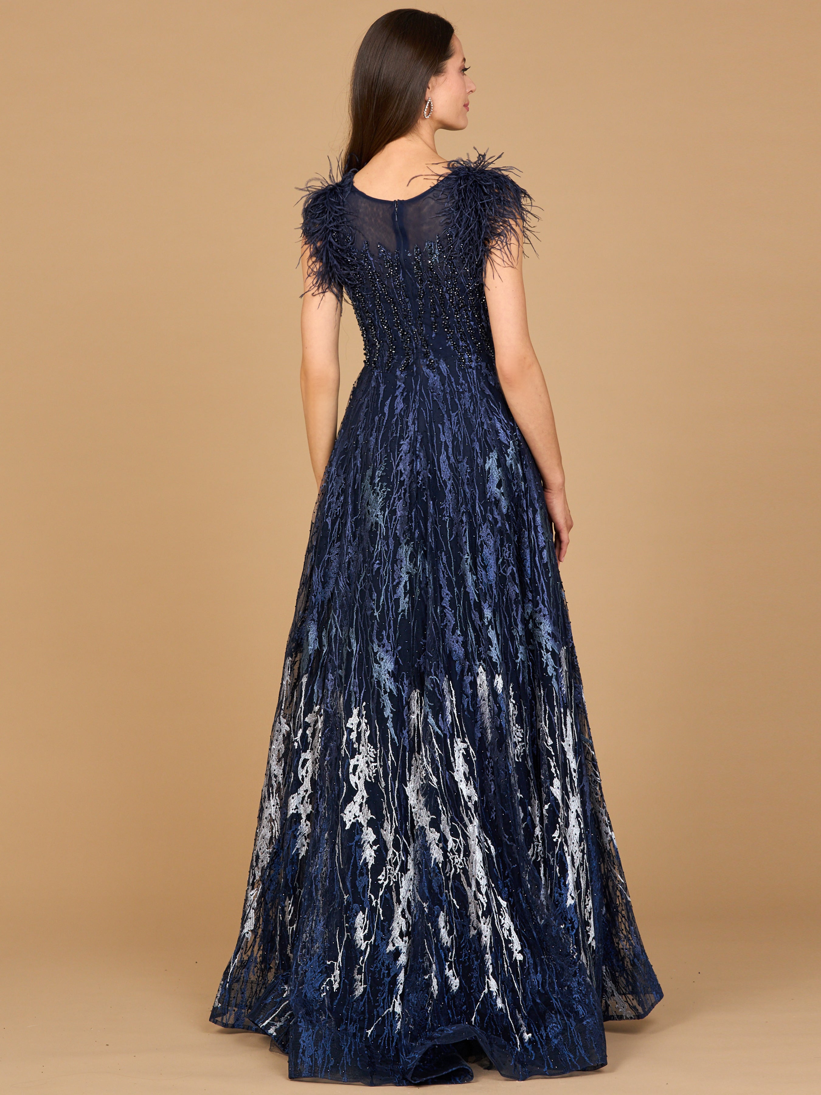 Lace Ballgown with Feather Cap Sleeves 29475