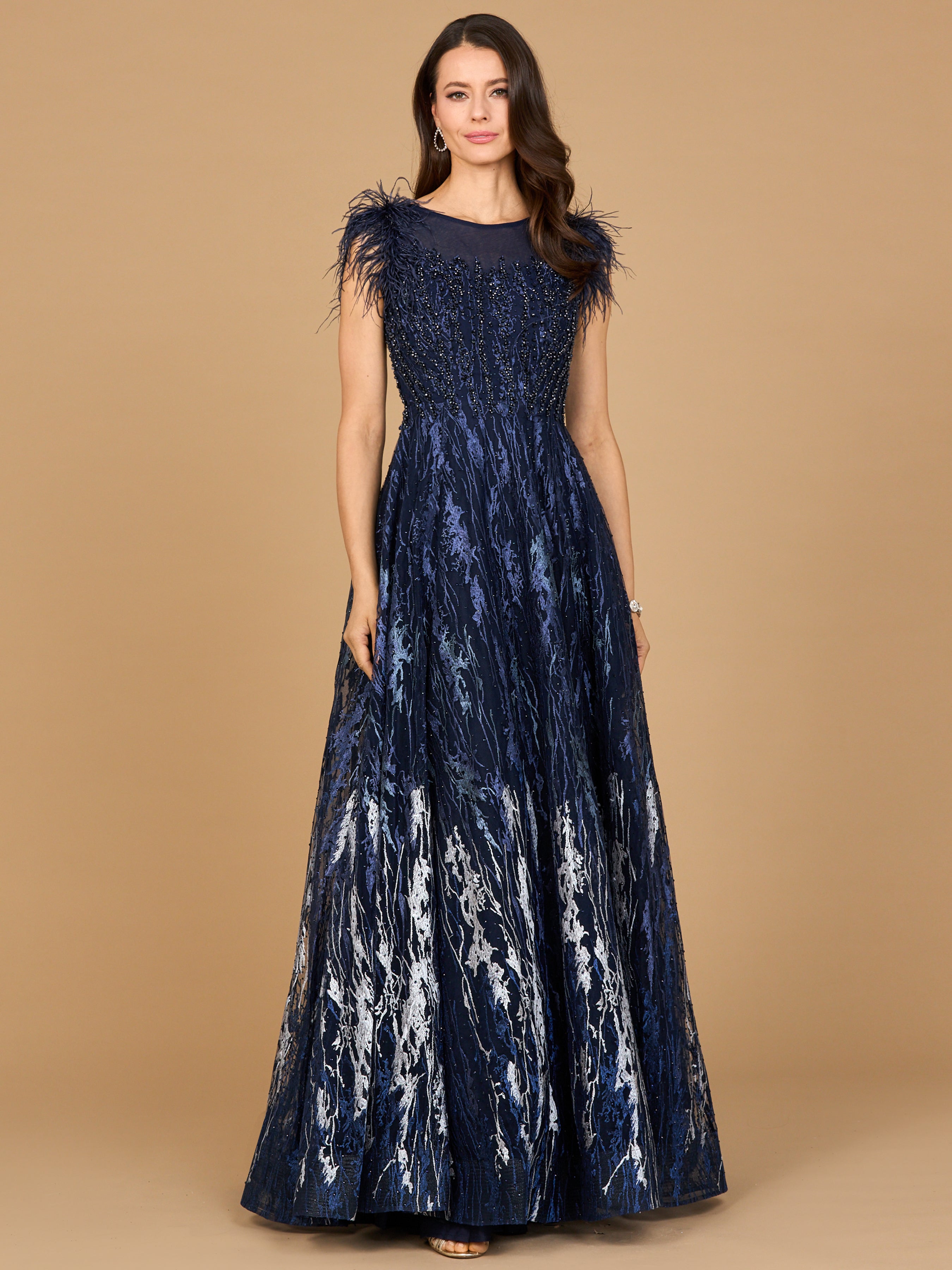 Lace Ballgown with Feather Cap Sleeves 29475