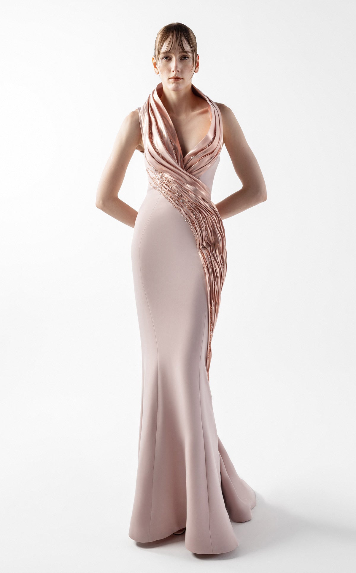 Lace Embellished Halter-Neck Rosé Gown G2012