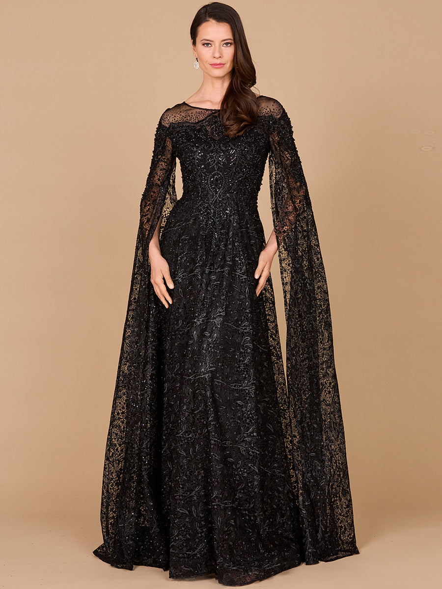 Lace Gown with Dramatic Cape Sleeves 29454