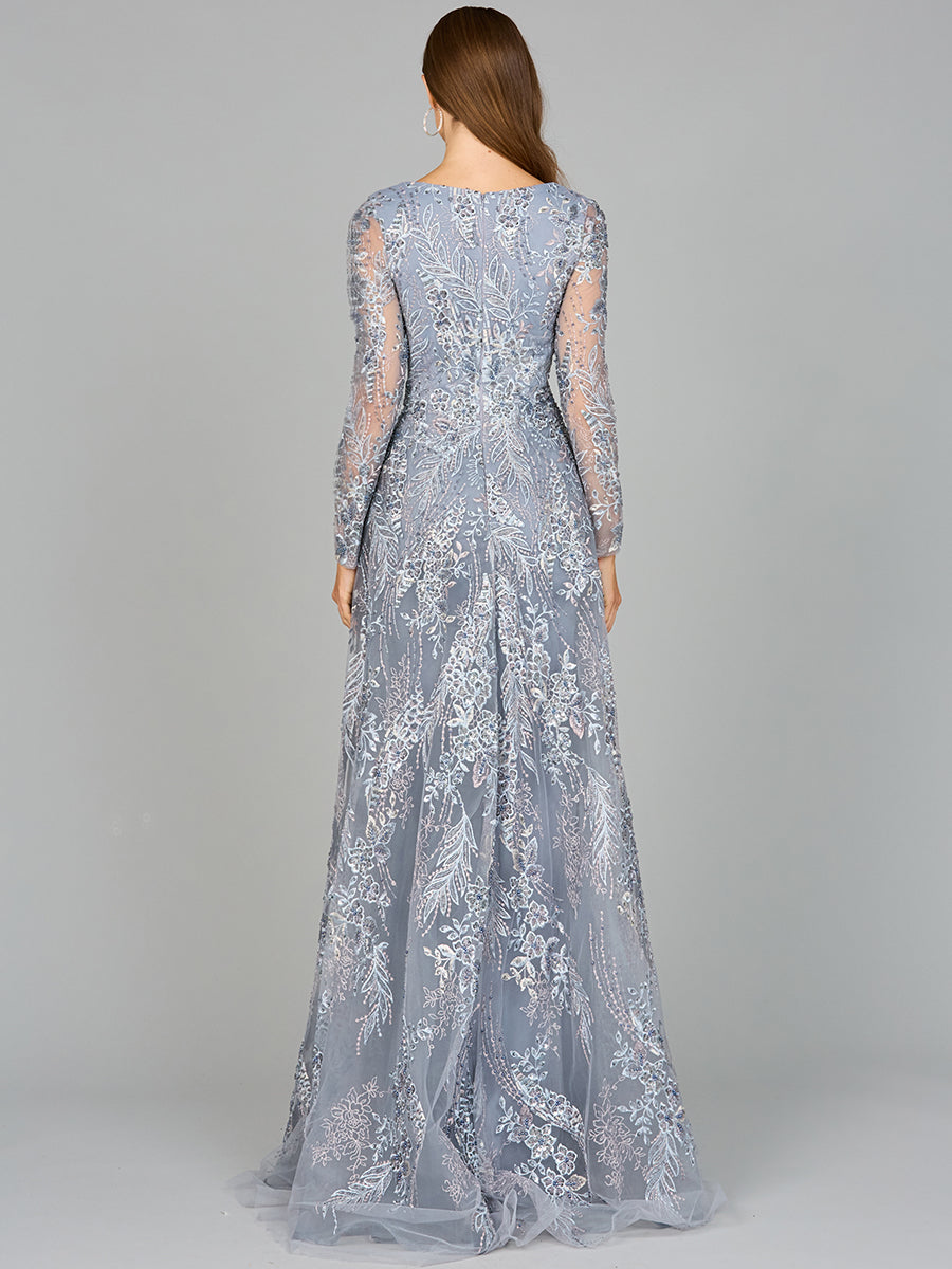 Lace Long Sleeve Gown with Overskirt 29046