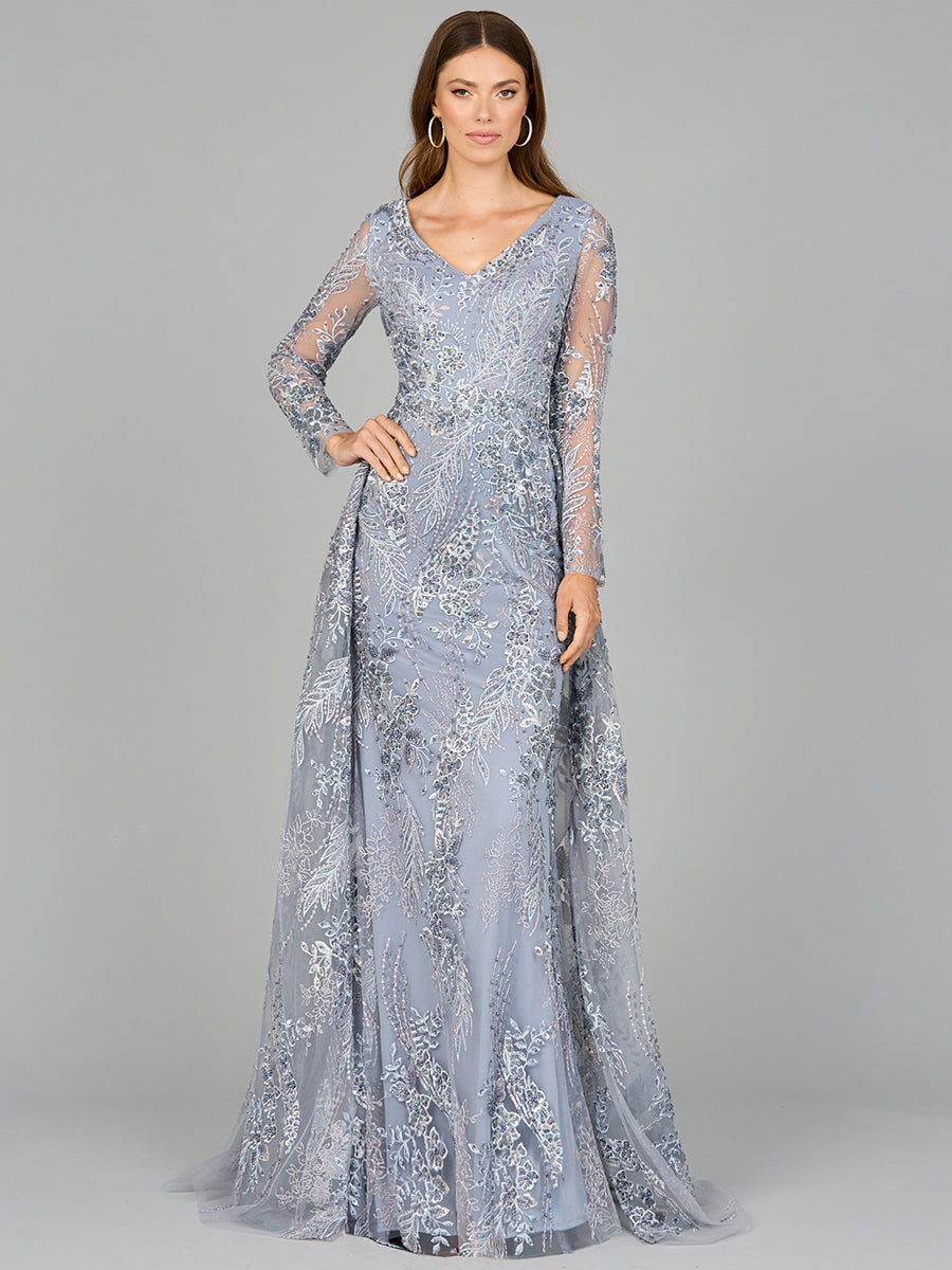 Lace Long Sleeve Gown with Overskirt 29046
