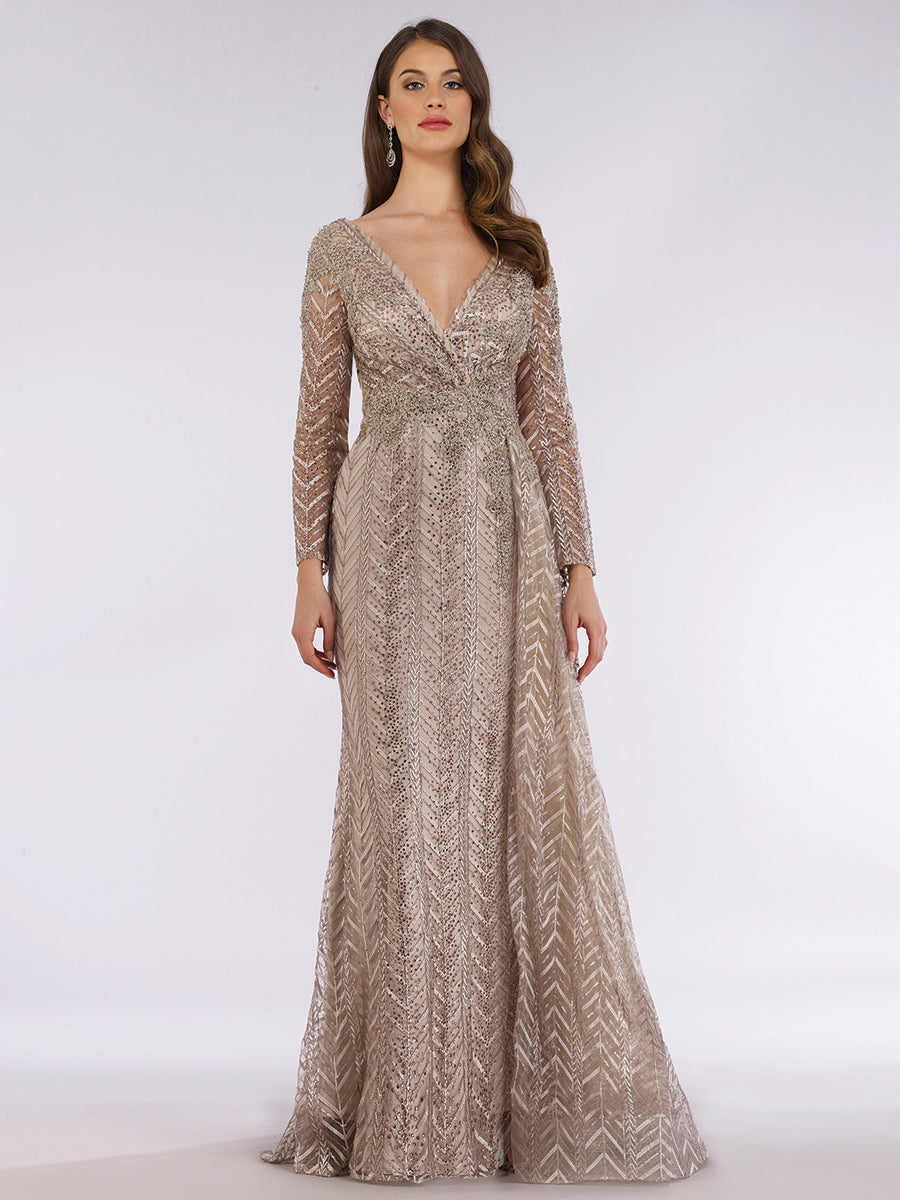 Lace Skirt Overlay Dress with Long Sleeves & V-Neck 29620 OUTLET