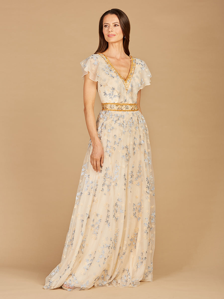 Lace V-Neck A-Line Dress with Floral Appliques & Cap Sleeves 29966