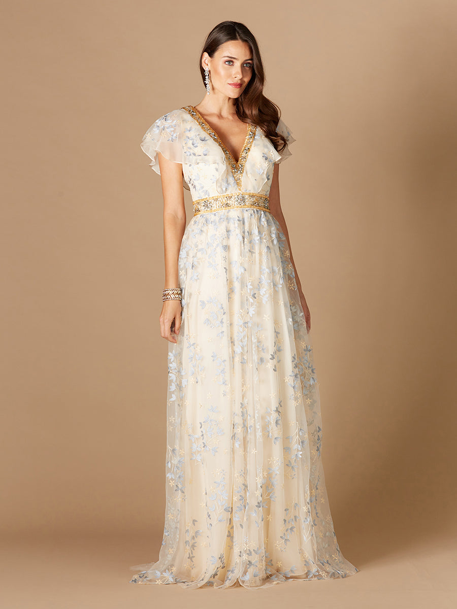 Lace V-Neck A-Line Dress with Floral Appliques & Cap Sleeves 29966