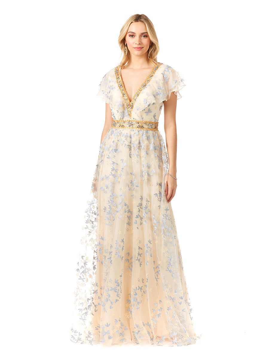 Lace V-Neck A-Line Dress with Floral Appliques & Cap Sleeves 29966