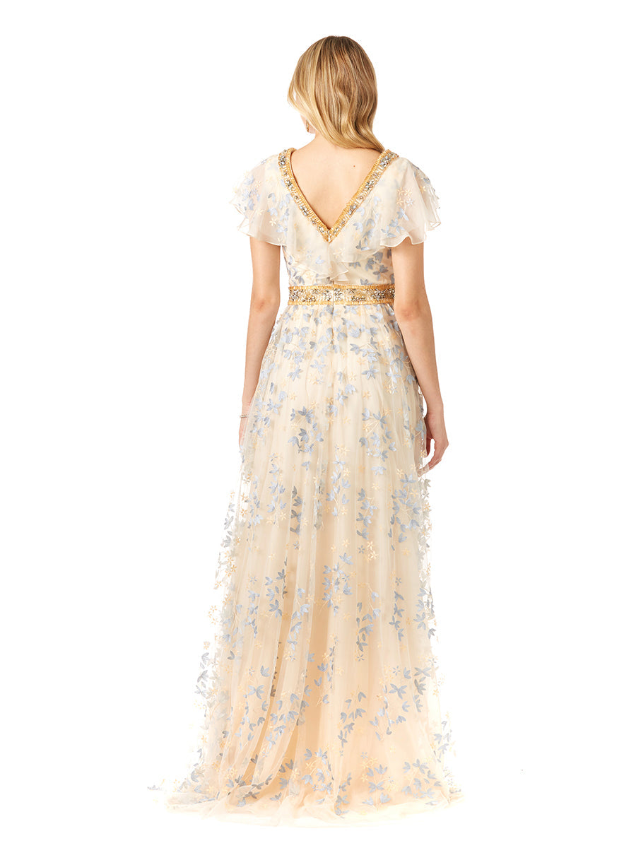 Lace V-Neck A-Line Dress with Floral Appliques & Cap Sleeves 29966