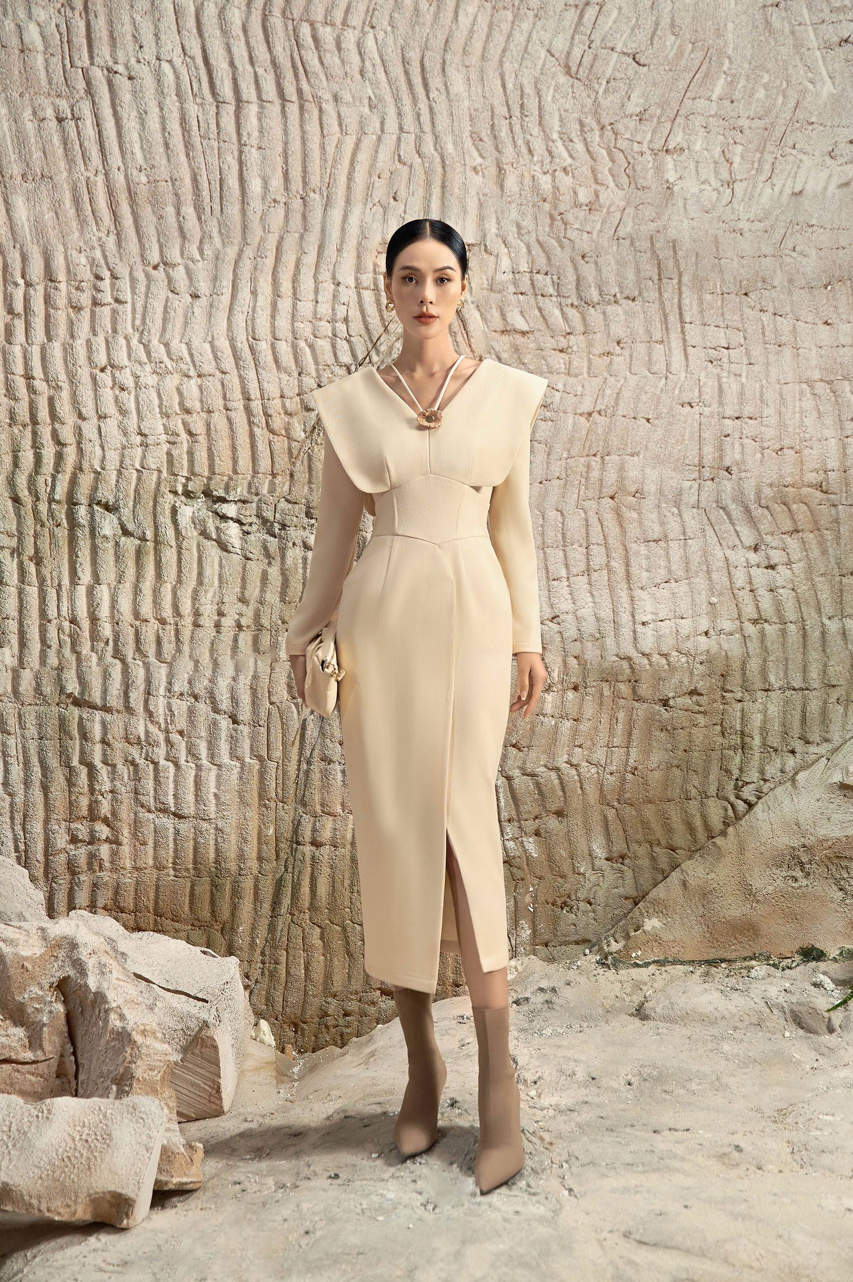 Oriel Cream V-neck Pencil Dress