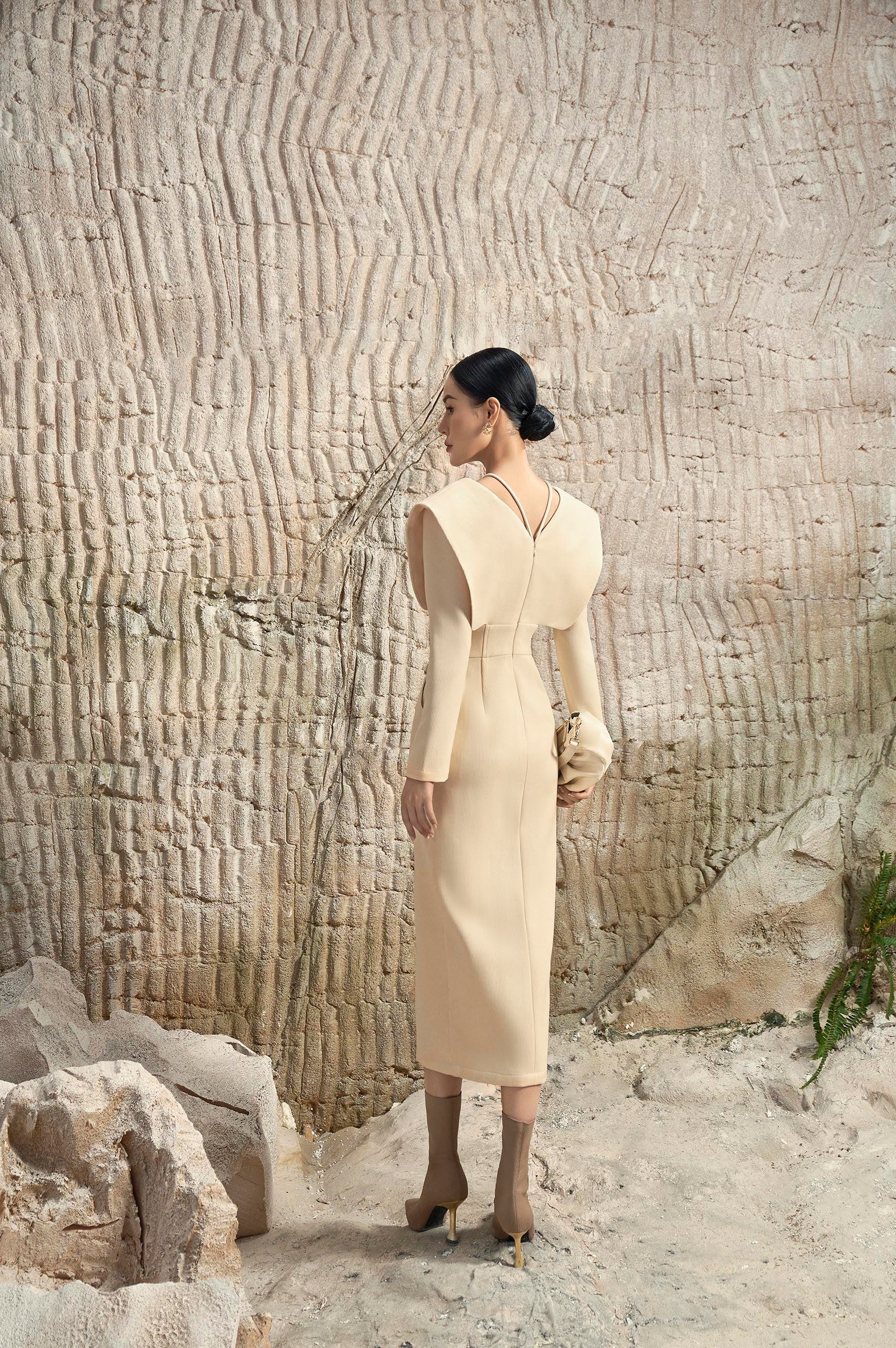 Oriel Cream V-neck Pencil Dress