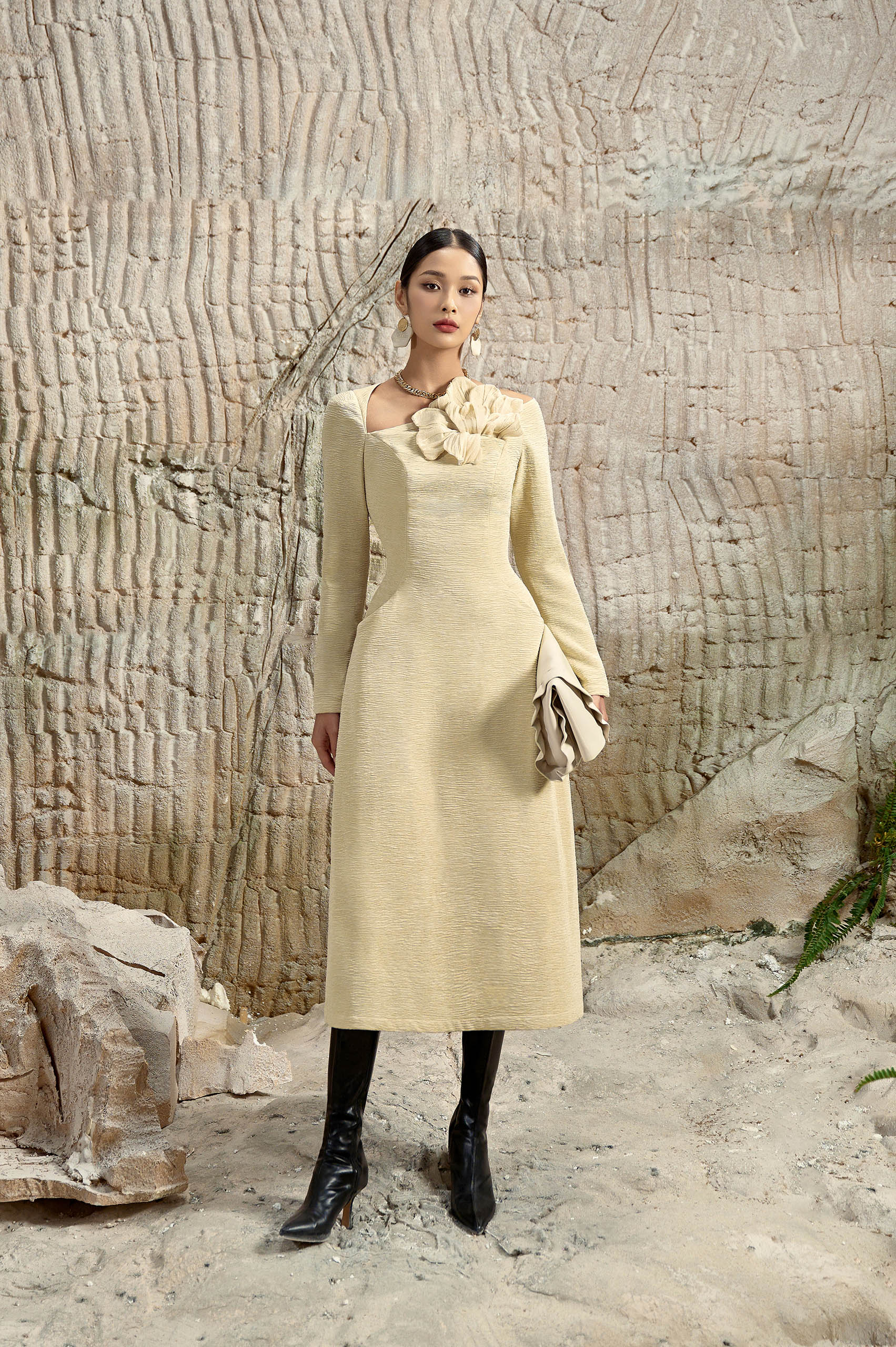 Floral 3D Diagonal Neck Dress