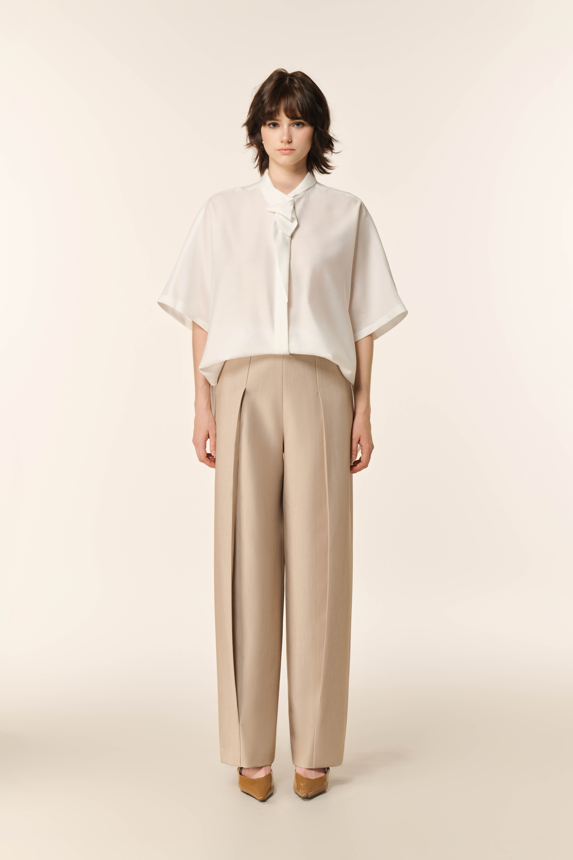 Airglow Short Sleeve Shirt, Ease Cocoon Pants & Ease Gilet in Almond Milk 3 Pcs Set