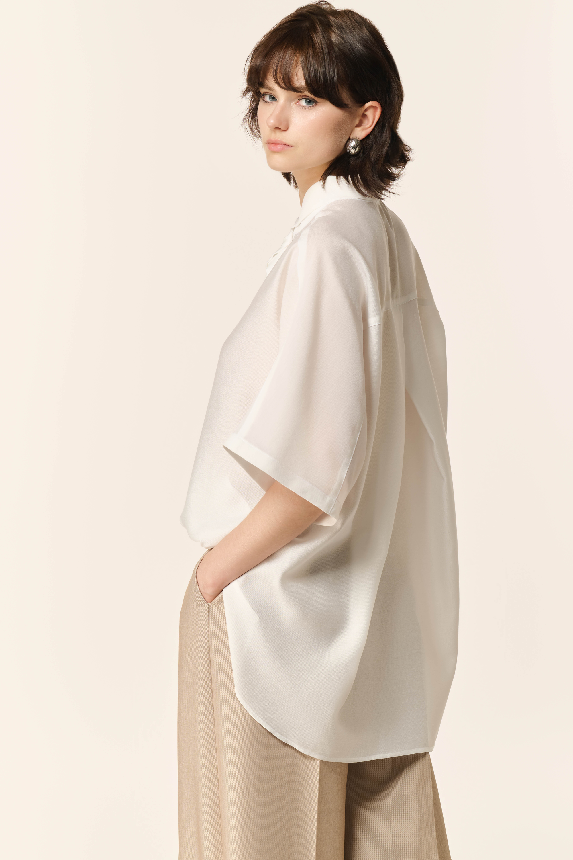 Airglow Short Sleeve Shirt, Ease Cocoon Pants & Ease Gilet in Almond Milk 3 Pcs Set