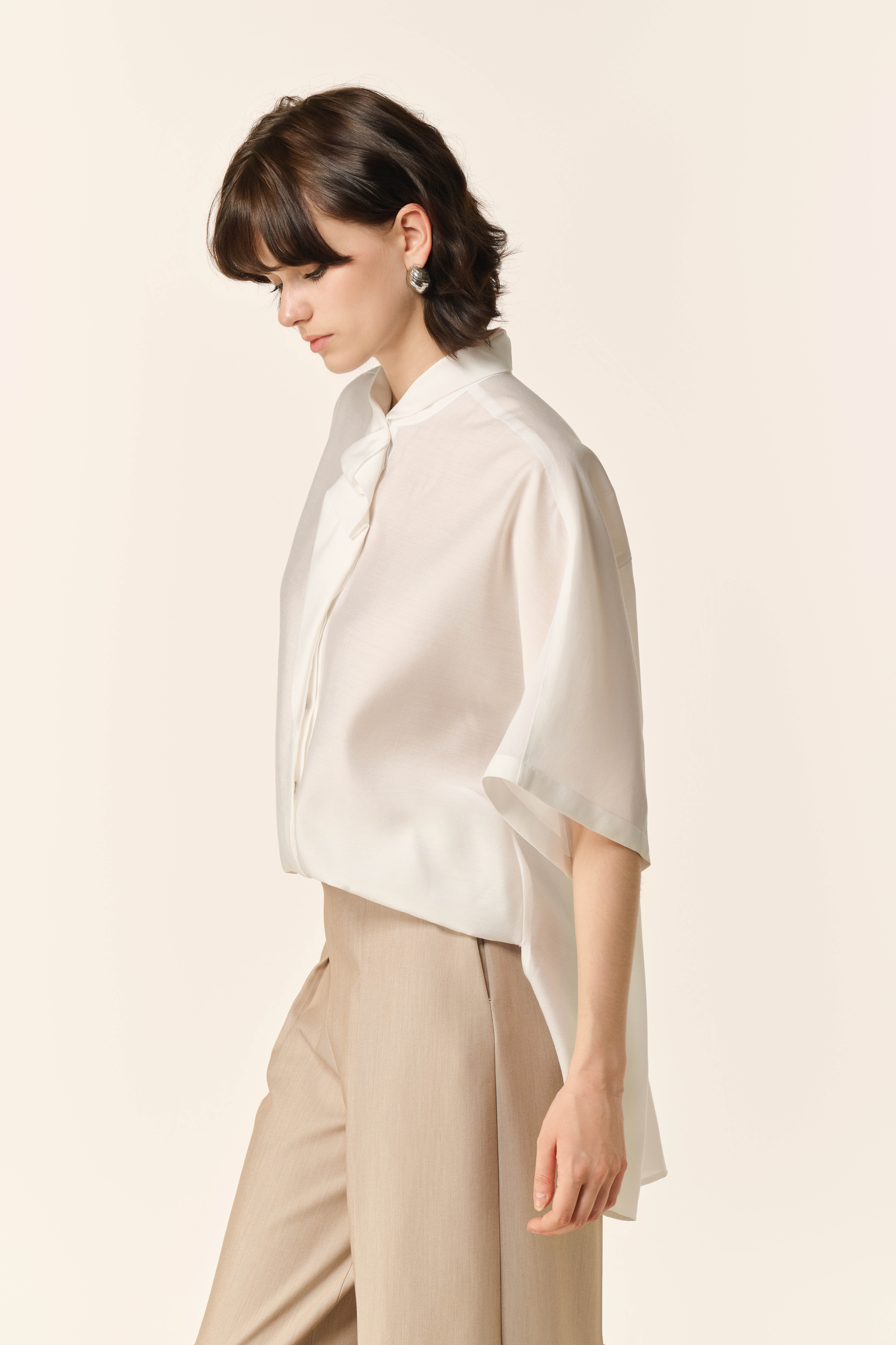 Airglow Short Sleeve Shirt, Ease Cocoon Pants & Ease Gilet in Almond Milk 3 Pcs Set