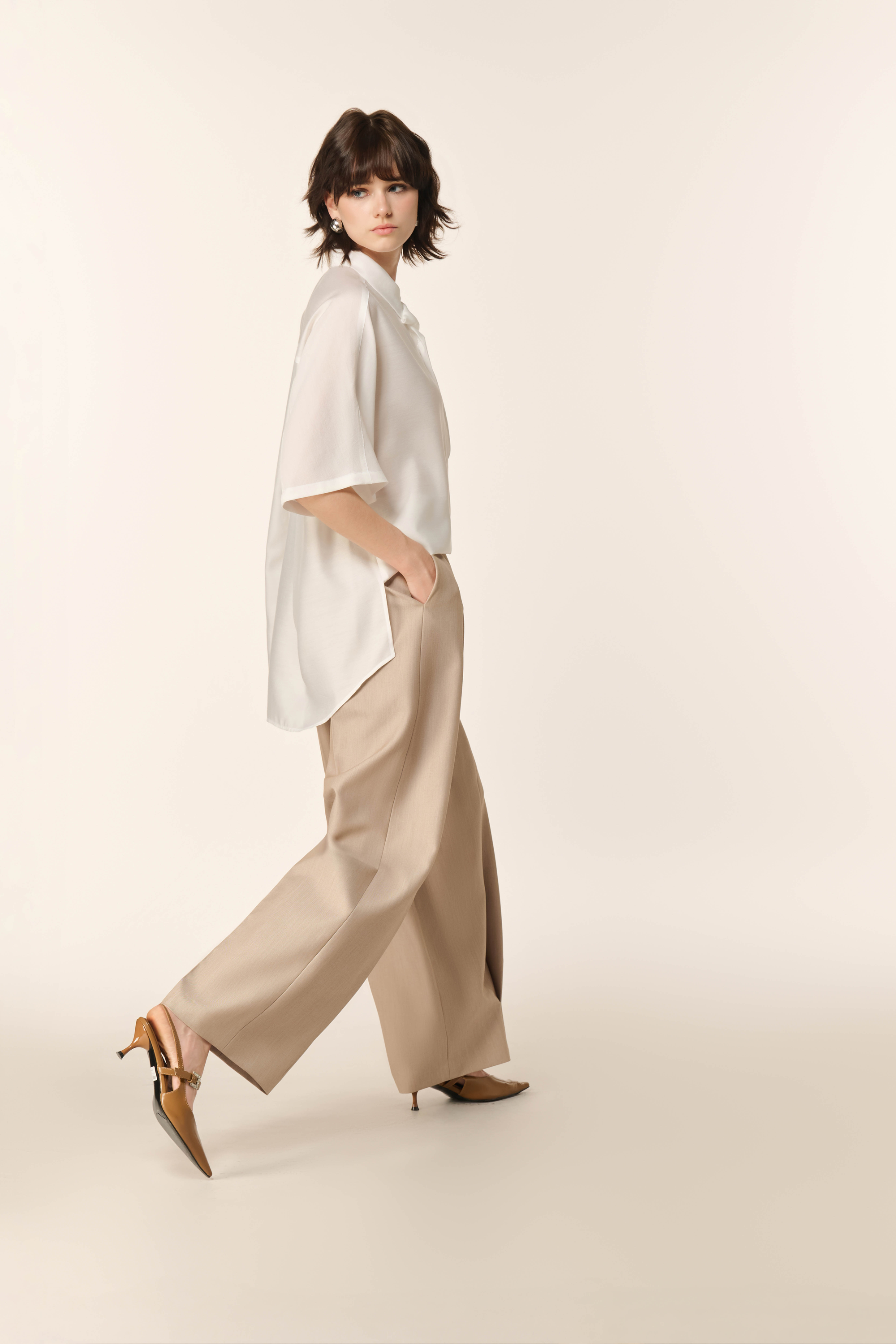 Airglow Short Sleeve Shirt, Ease Cocoon Pants & Ease Gilet in Almond Milk 3 Pcs Set