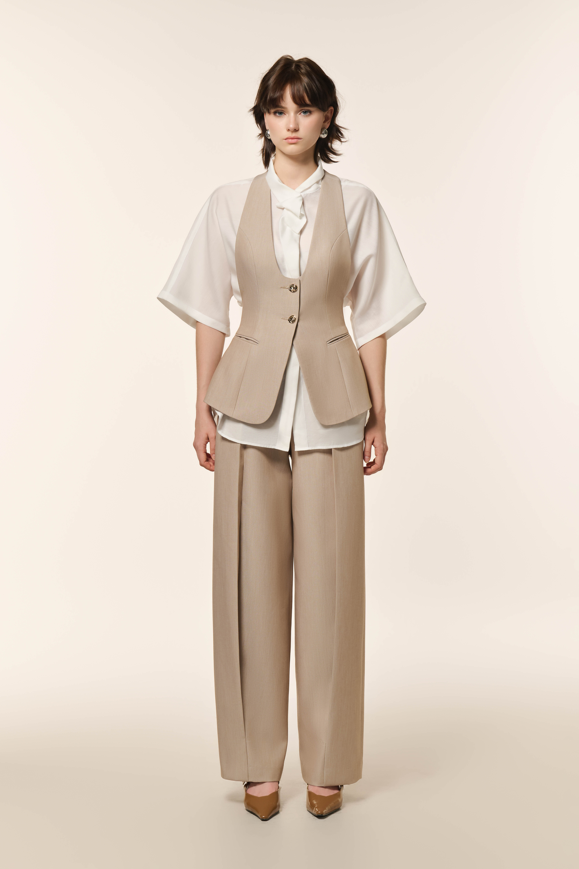 Airglow Short Sleeve Shirt, Ease Cocoon Pants & Ease Gilet in Almond Milk 3 Pcs Set