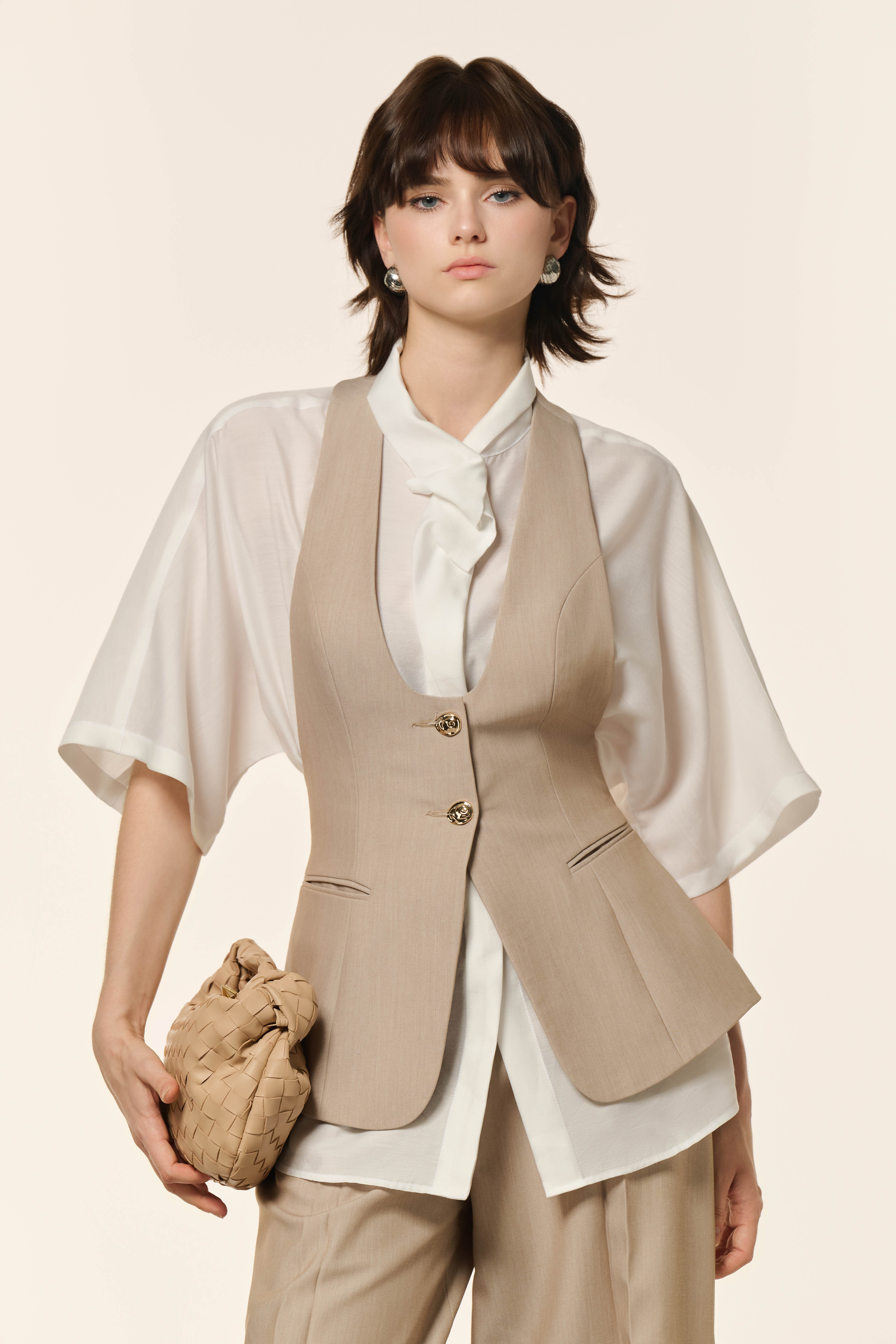 Airglow Short Sleeve Shirt, Ease Cocoon Pants & Ease Gilet in Almond Milk 3 Pcs Set