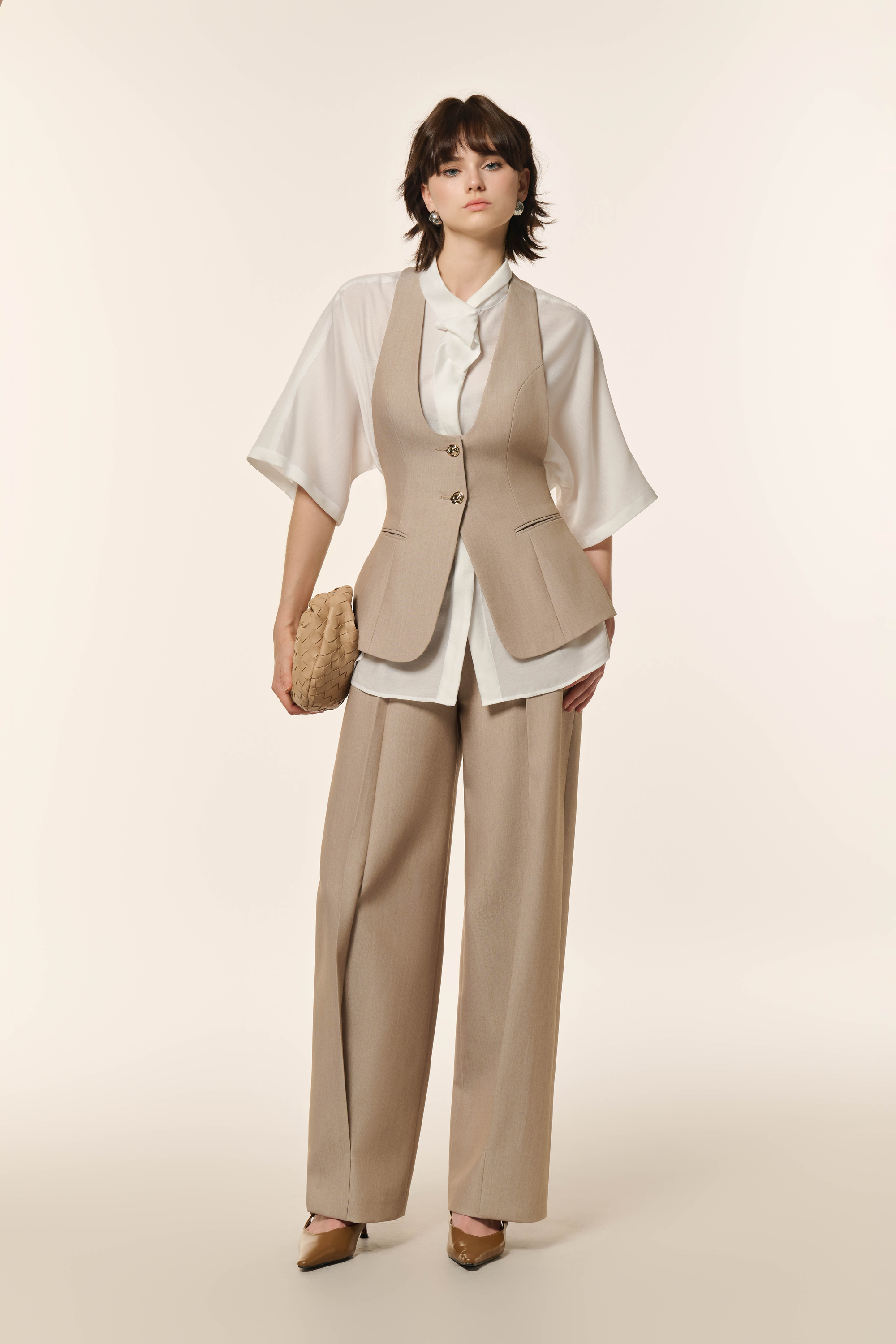 Airglow Short Sleeve Shirt, Ease Cocoon Pants & Ease Gilet in Almond Milk 3 Pcs Set