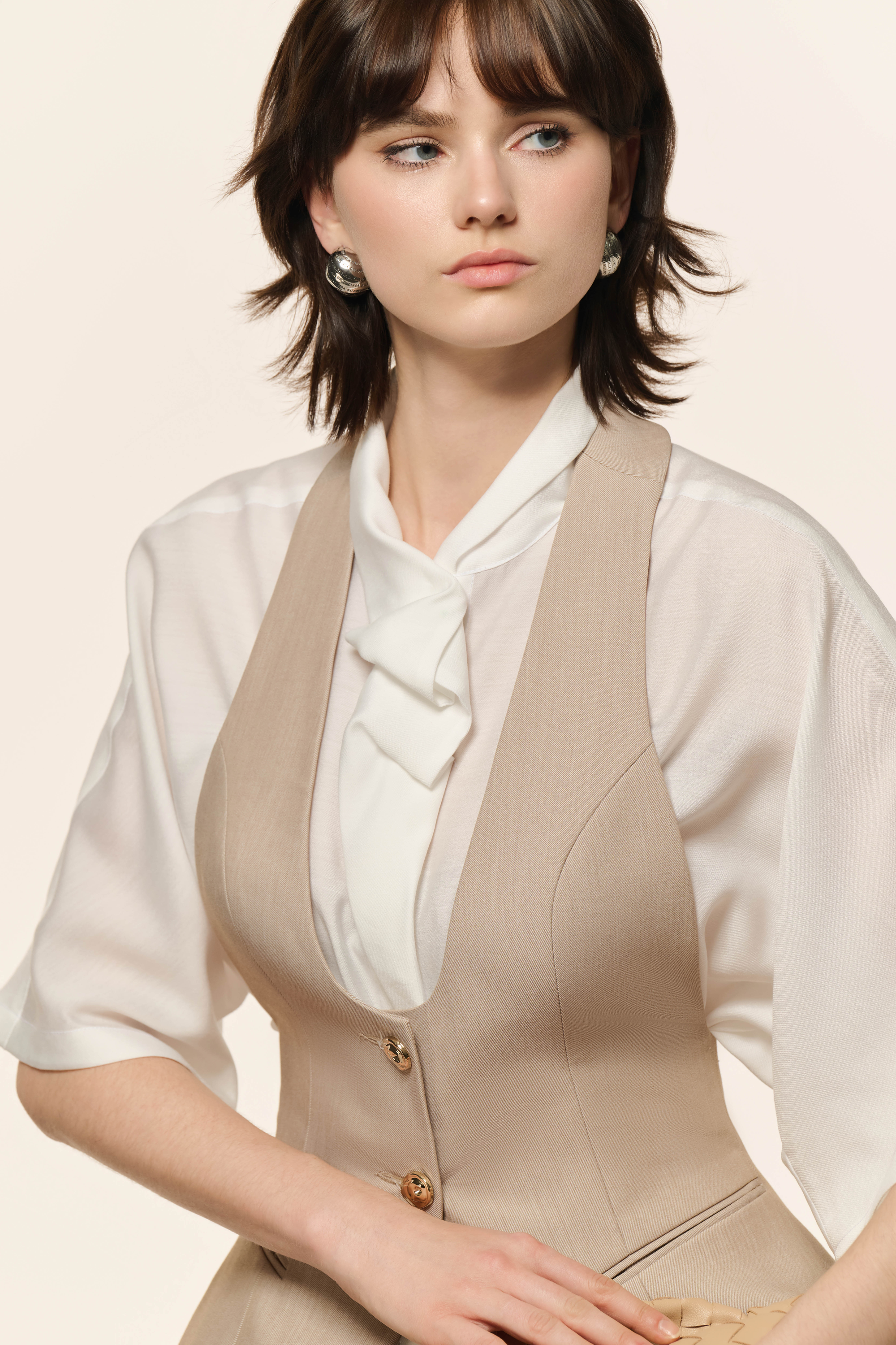 Airglow Short Sleeve Shirt, Ease Cocoon Pants & Ease Gilet in Almond Milk 3 Pcs Set