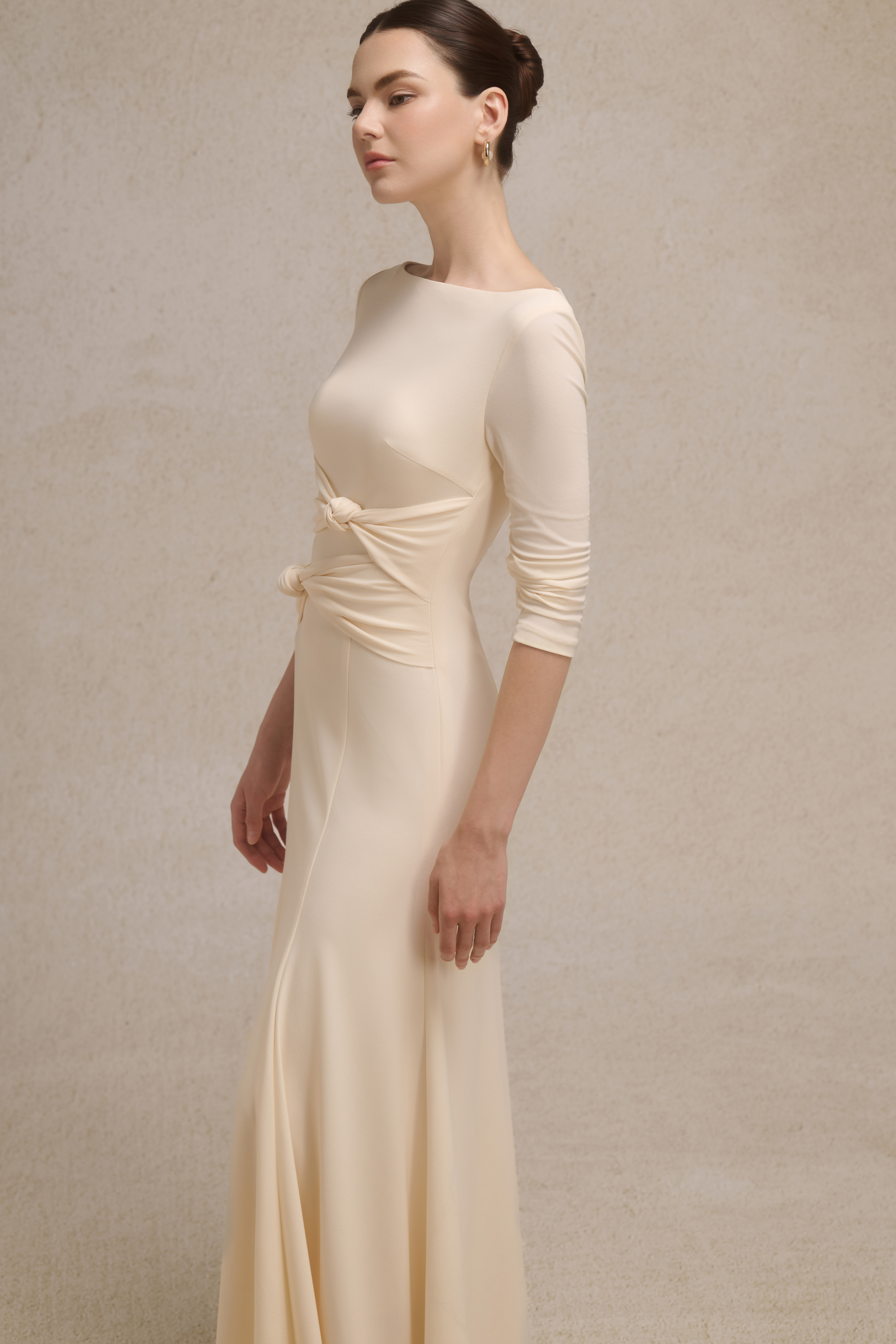 Alba Asymmetric Knot Dress in Cream