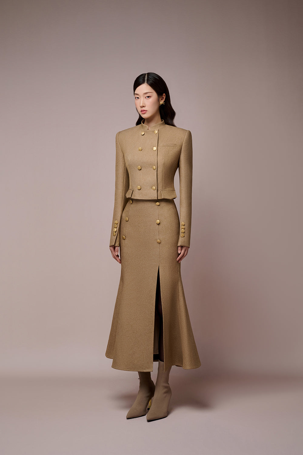 Chau Mandarin Collar Croptop Jacket & Chau Slit Fishtail Skirt