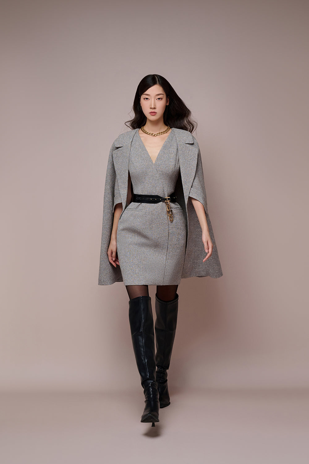 Aponi Caped Sleeves V-neck Dress