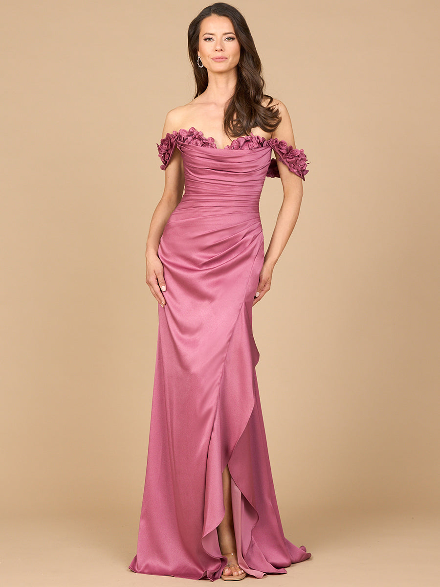 Lara Style 28916 Off-Shoulder Floral Appliqué Evening Gown