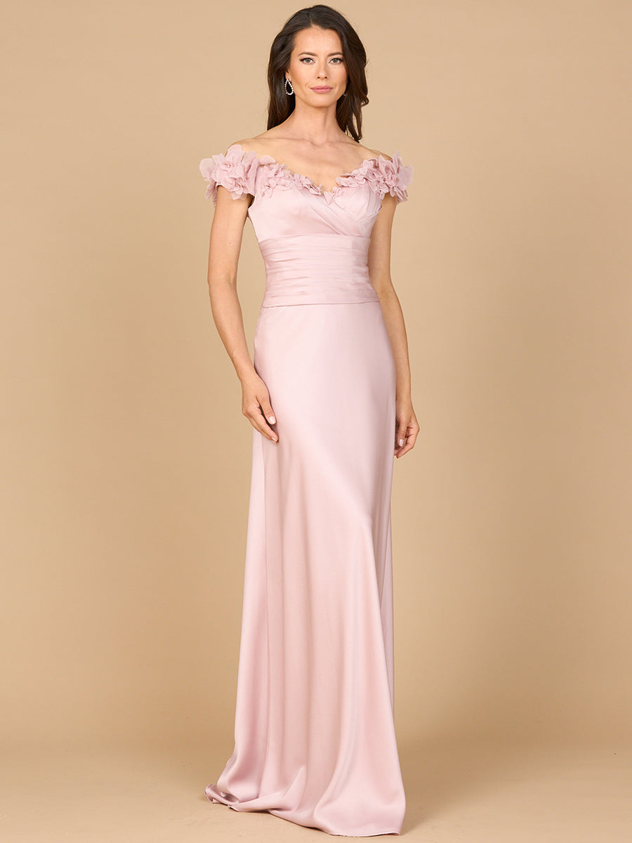 Lara Style 28917 Off-Shoulder Floral Appliqué Satin Gown