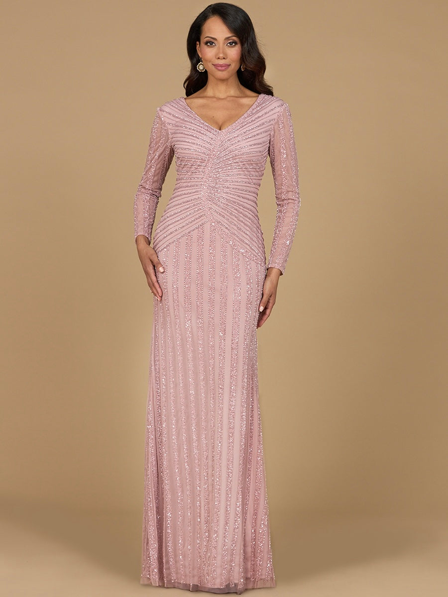 Lara Style 28953 V-Neck Beaded Tulle Sheath Gown with Sheer Long Sleeves
