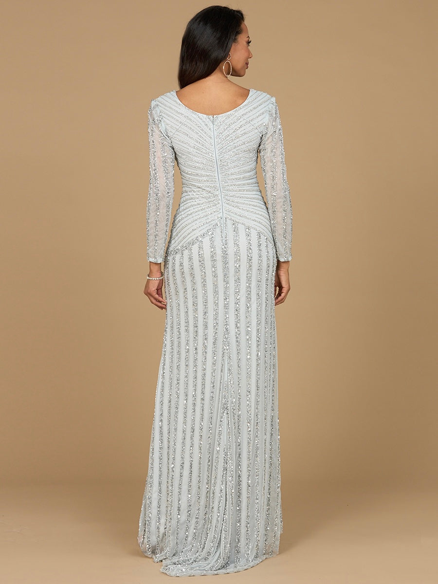 Lara Style 28953 V-Neck Beaded Tulle Sheath Gown with Sheer Long Sleeves