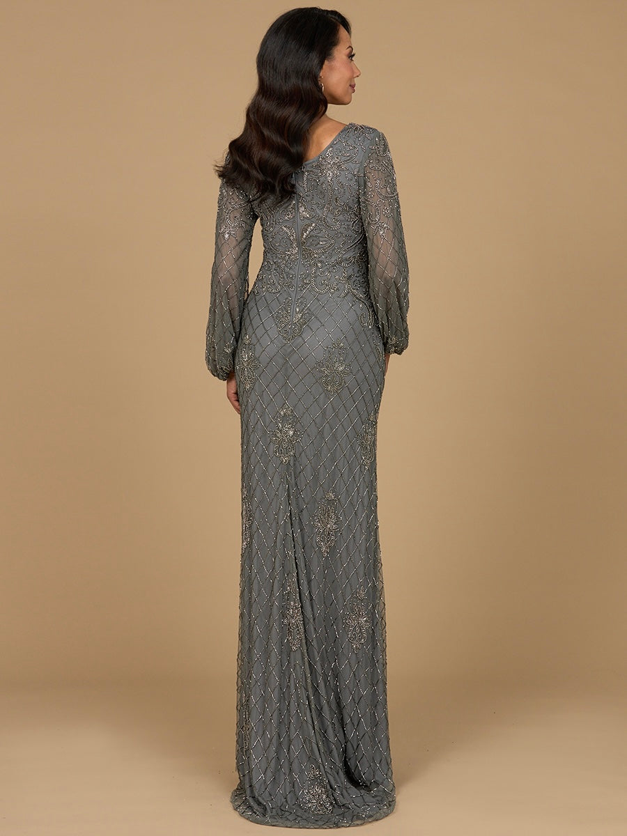 Lara Style 28955 Long Sleeve Beaded Tulle Gown with Cuffed Sleeves