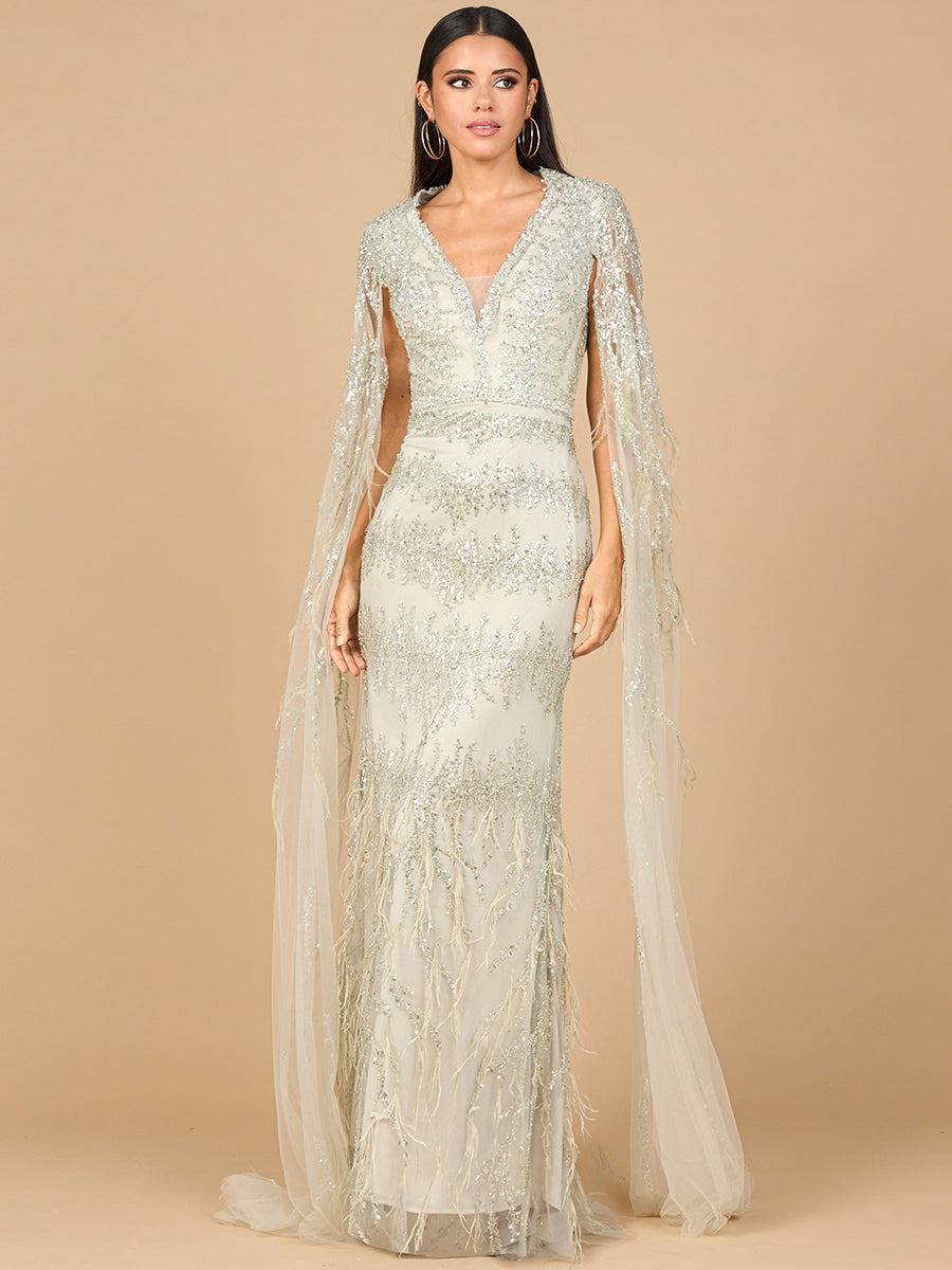 Lara Style 28969 V-Neck Beaded Lace Cape Sleeve Evening Gown