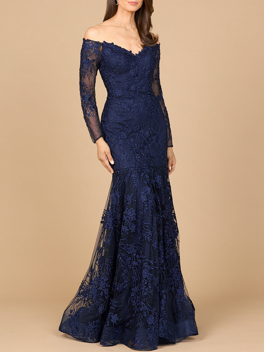 Lara Style 28977 Off-Shoulder Long Sleeve Beaded Lace Mermaid Gown