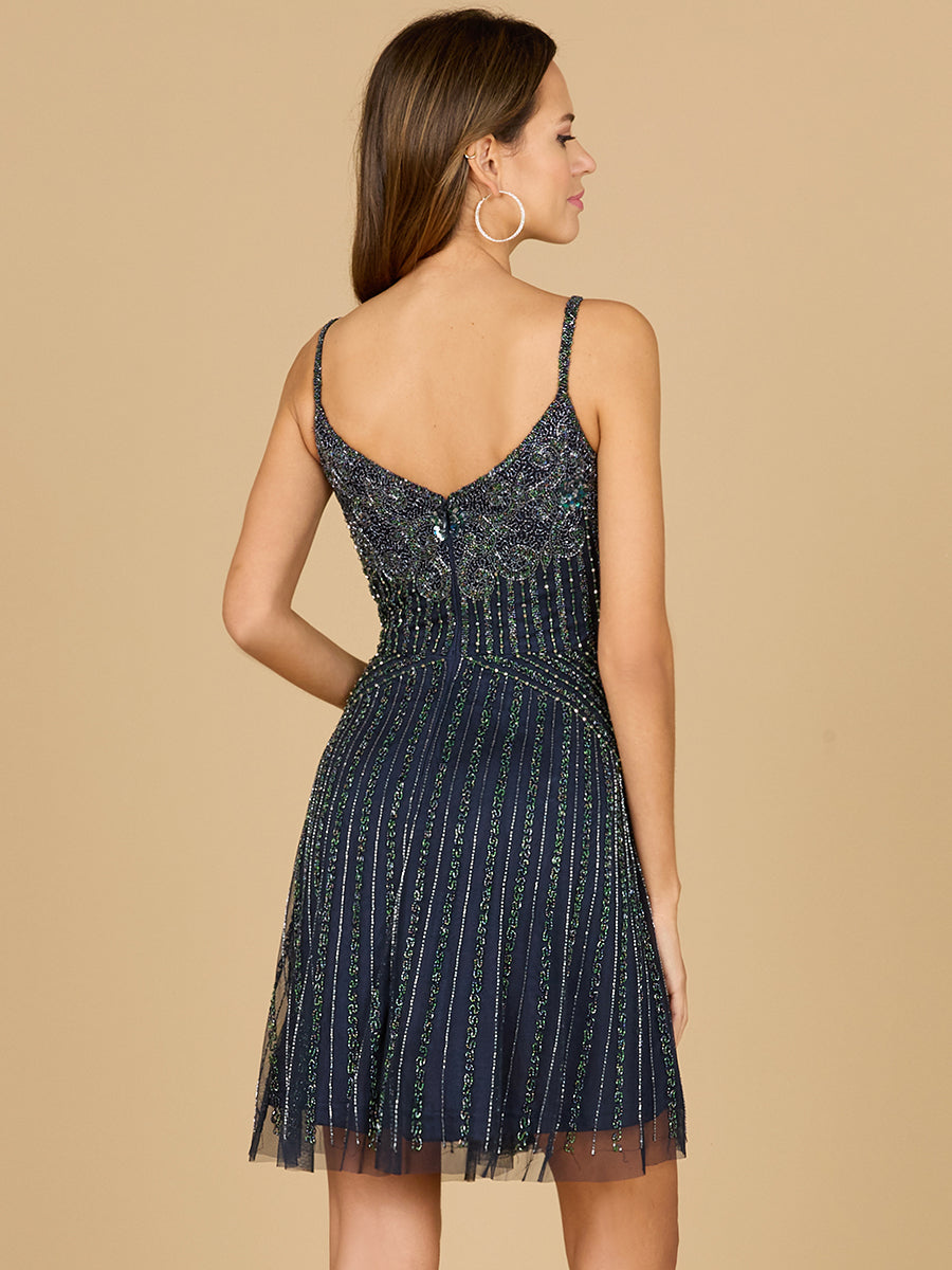 Lara Style 29011 V-Neck Beaded Spaghetti Strap A-Line Dress in Navy