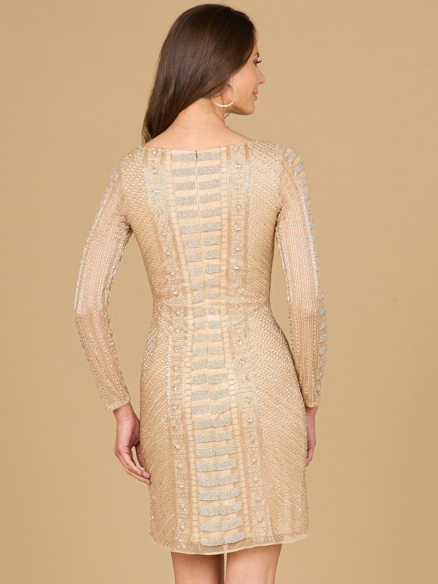 Lara Style 29062 Long Sleeve High Neck Geometric Beaded Cocktail Dress in Champagne