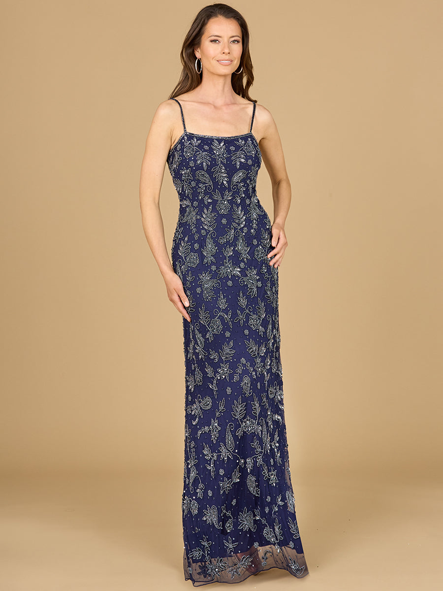 Lara Style 29075 Two-Piece Gunmetal Beaded Gown with Long Sleeve Jacket in Navy