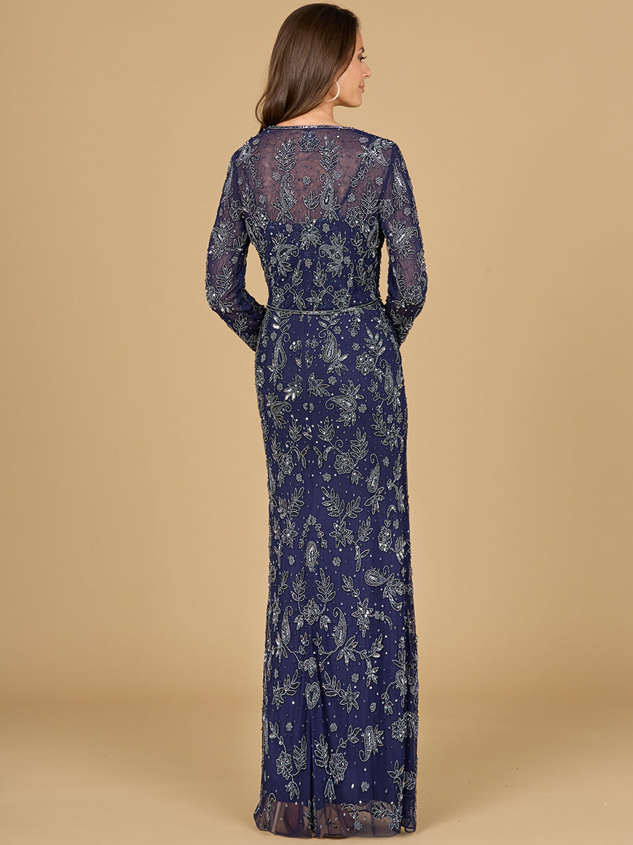Lara Style 29075 Two-Piece Gunmetal Beaded Gown with Long Sleeve Jacket in Navy
