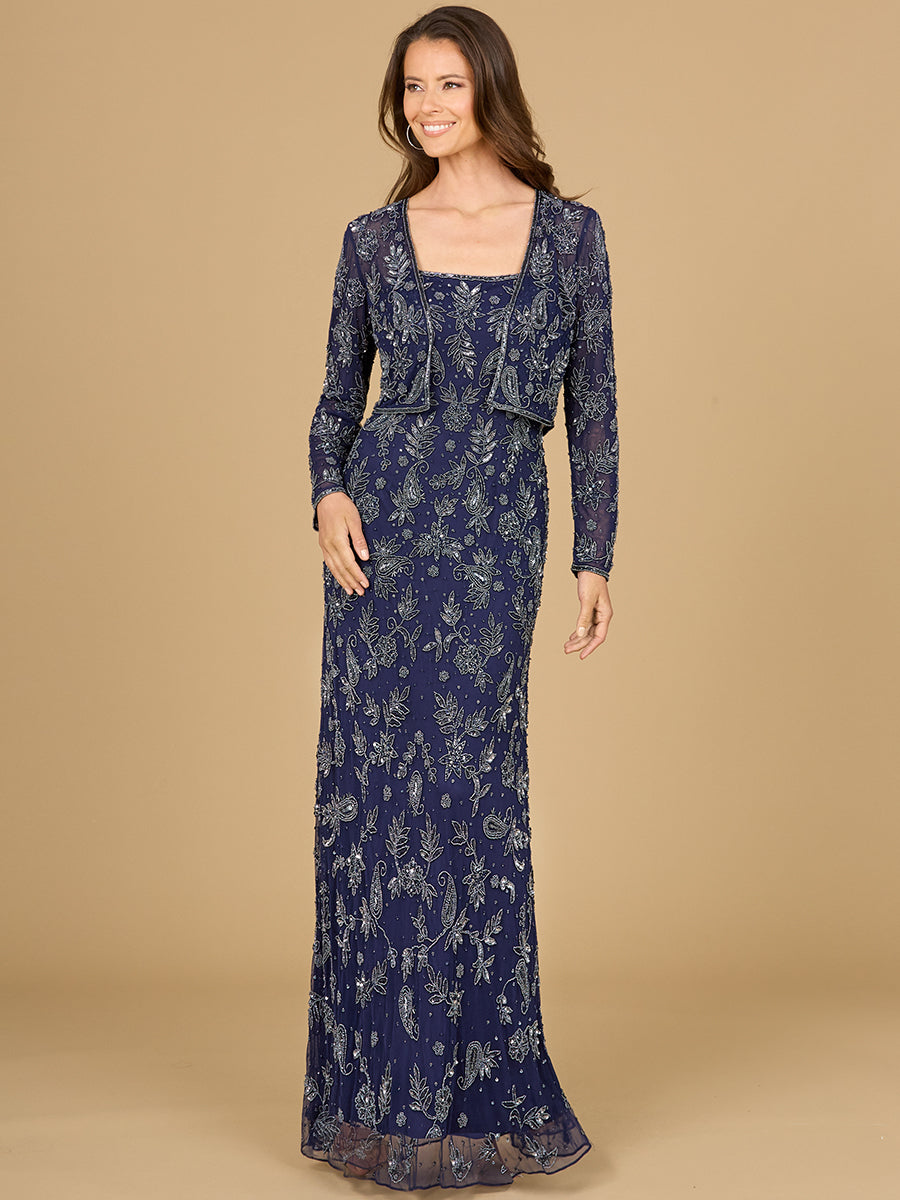 Lara Style 29075 Two-Piece Gunmetal Beaded Gown with Long Sleeve Jacket in Navy