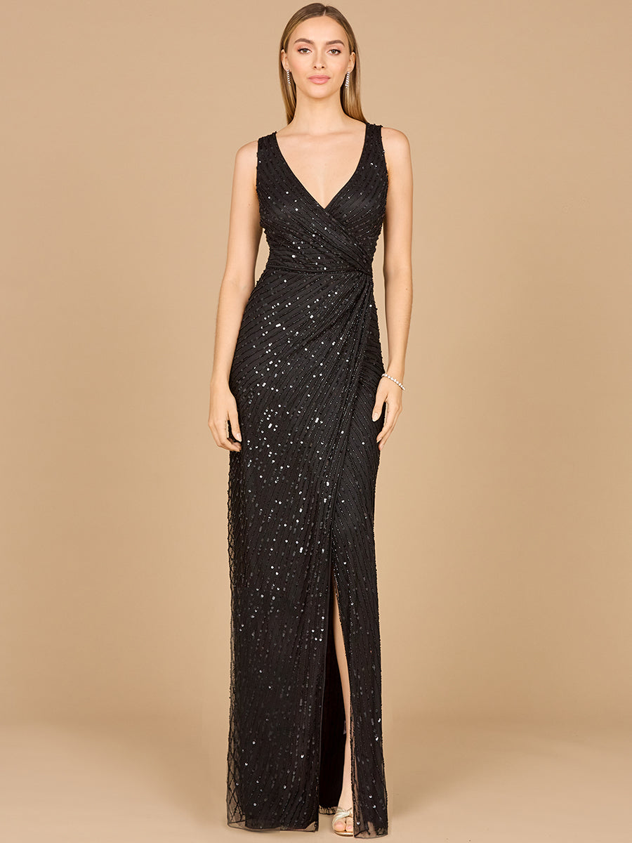 Lara Style 29096 Sleeveless Beaded Wrap Skirt Gown with High Slit in Black