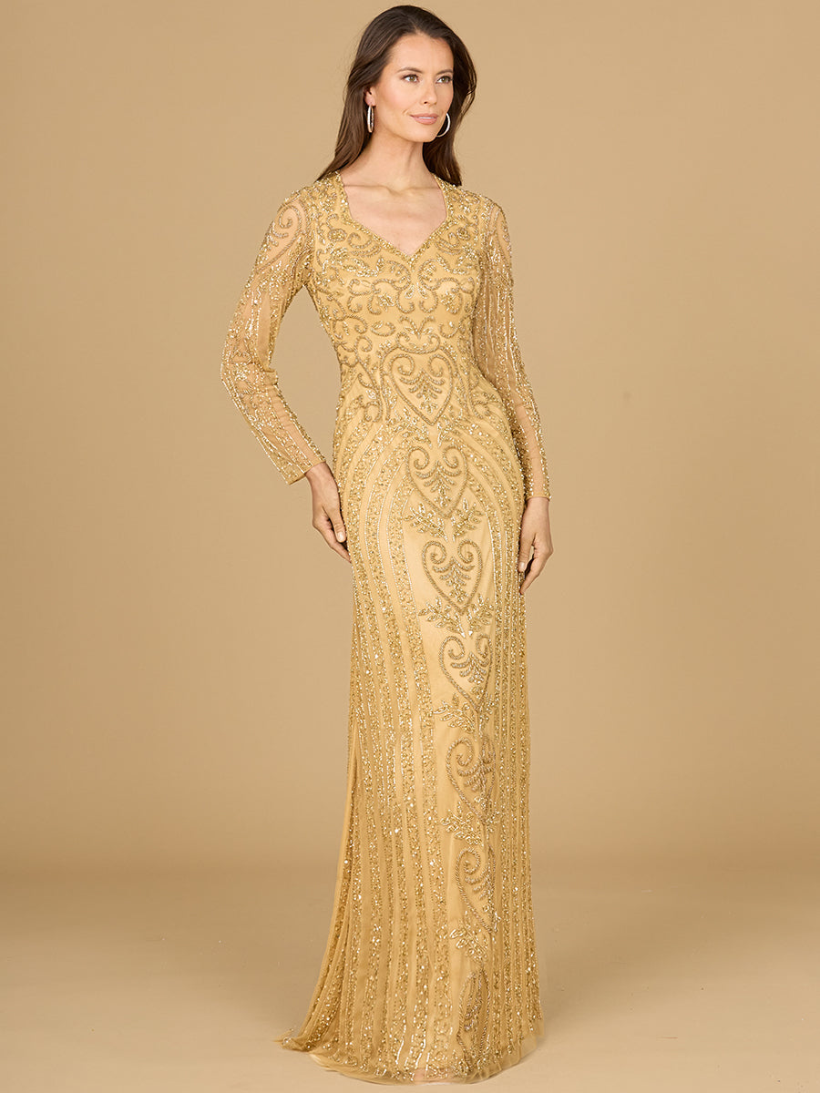 Lara Style 29114 Sheer Long Sleeve V-Neck Art Deco Beaded Sequin Gown in Gold